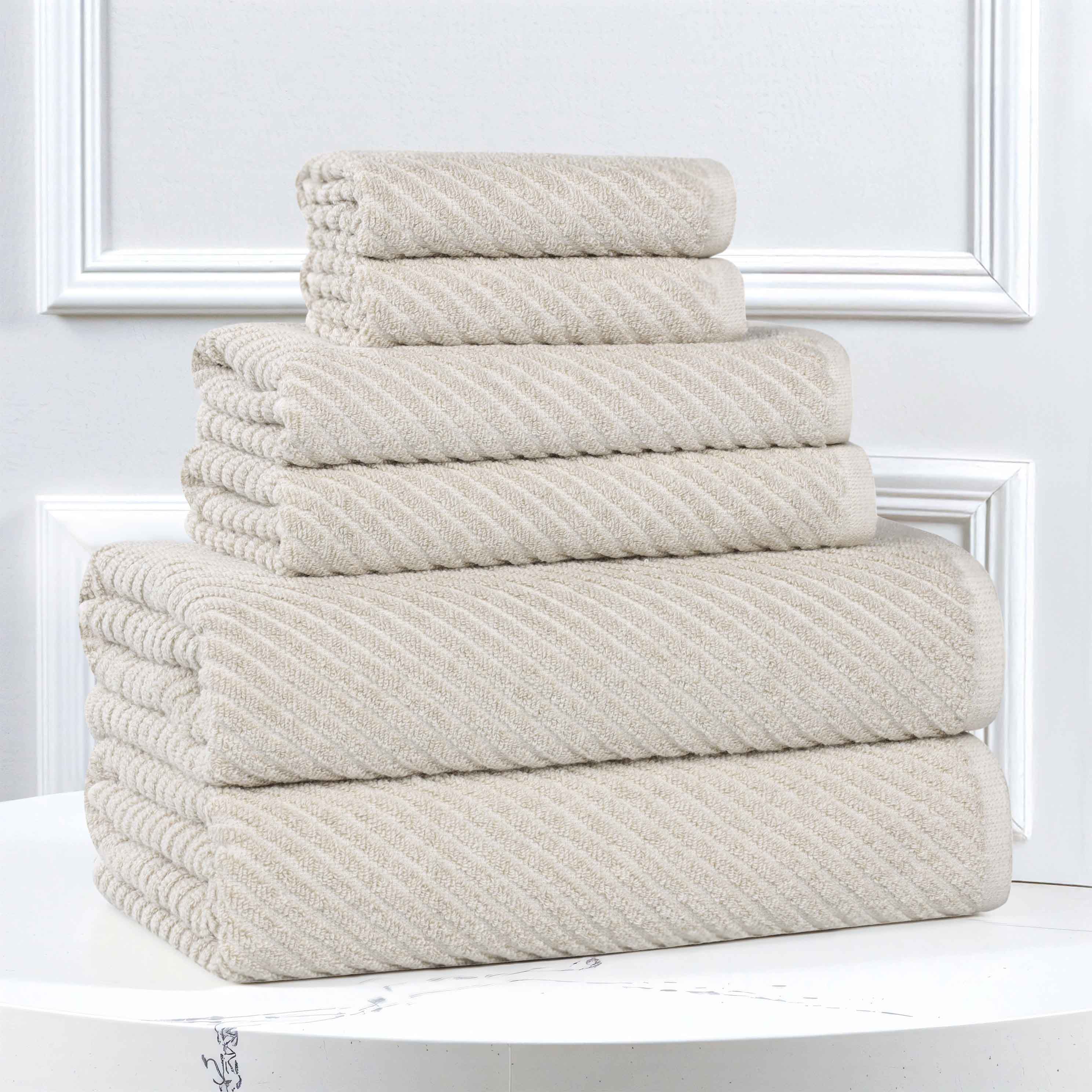 Premium 6-Piece Cotton Blend Towel Set - Soft, Absorbent & Medium Weight with Diagonal Stripes - Perfect for Bathroom, Spa & Guest Use