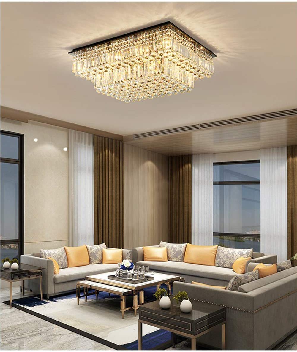 Siljoy Modern Luxury Gold K9 Crystal Chandelier - 2-Tier Rectangular Raindrop Design for High Ceilings (35.4
