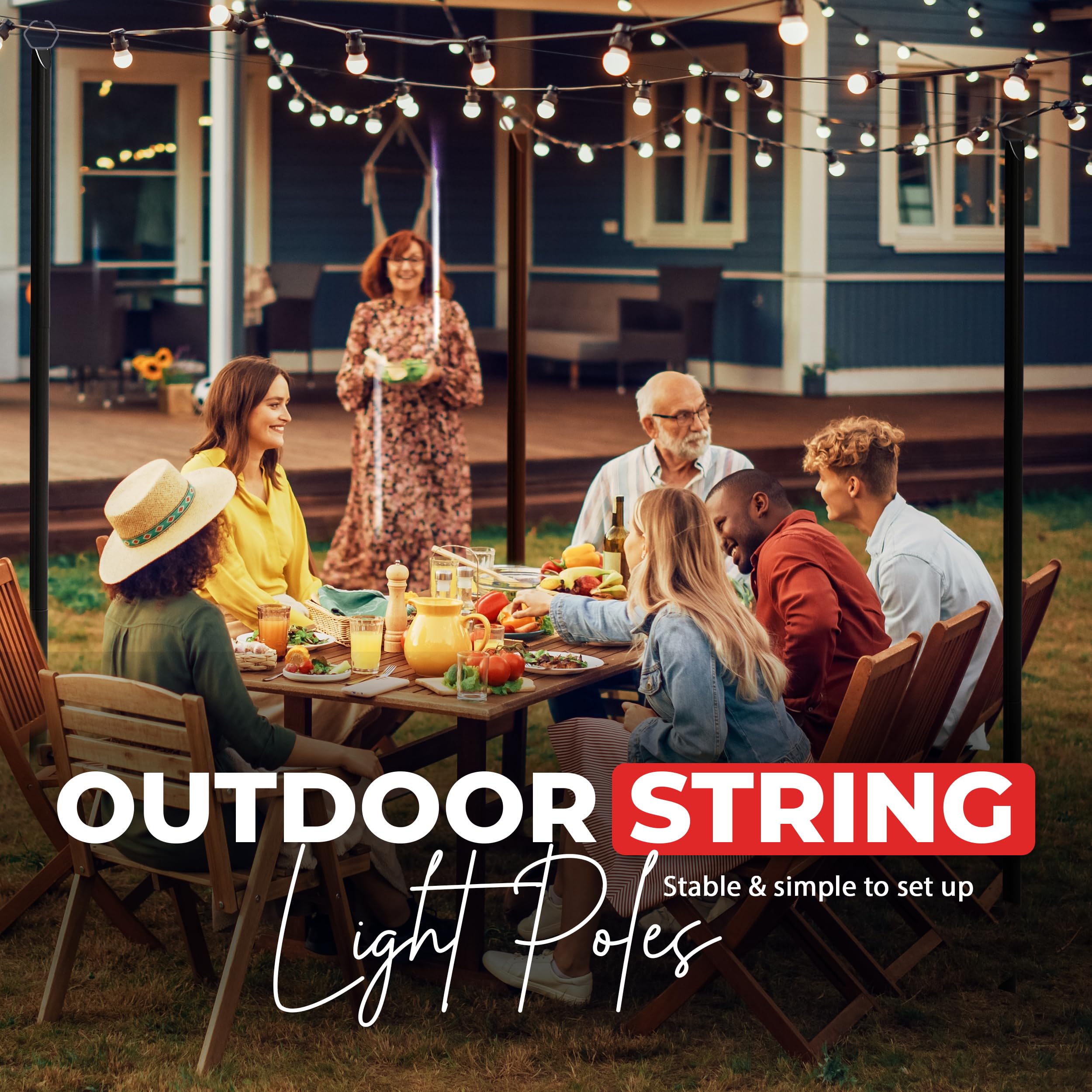 Utopia Home 4 Pack 9FT Outdoor String Light Poles - 2 in 1 Assembly with Clips & Fork for Garden, Backyard, Patio - Weather-Resistant Black Metal Poles for Hanging String Lights, Party Decor & Landscape Lighting