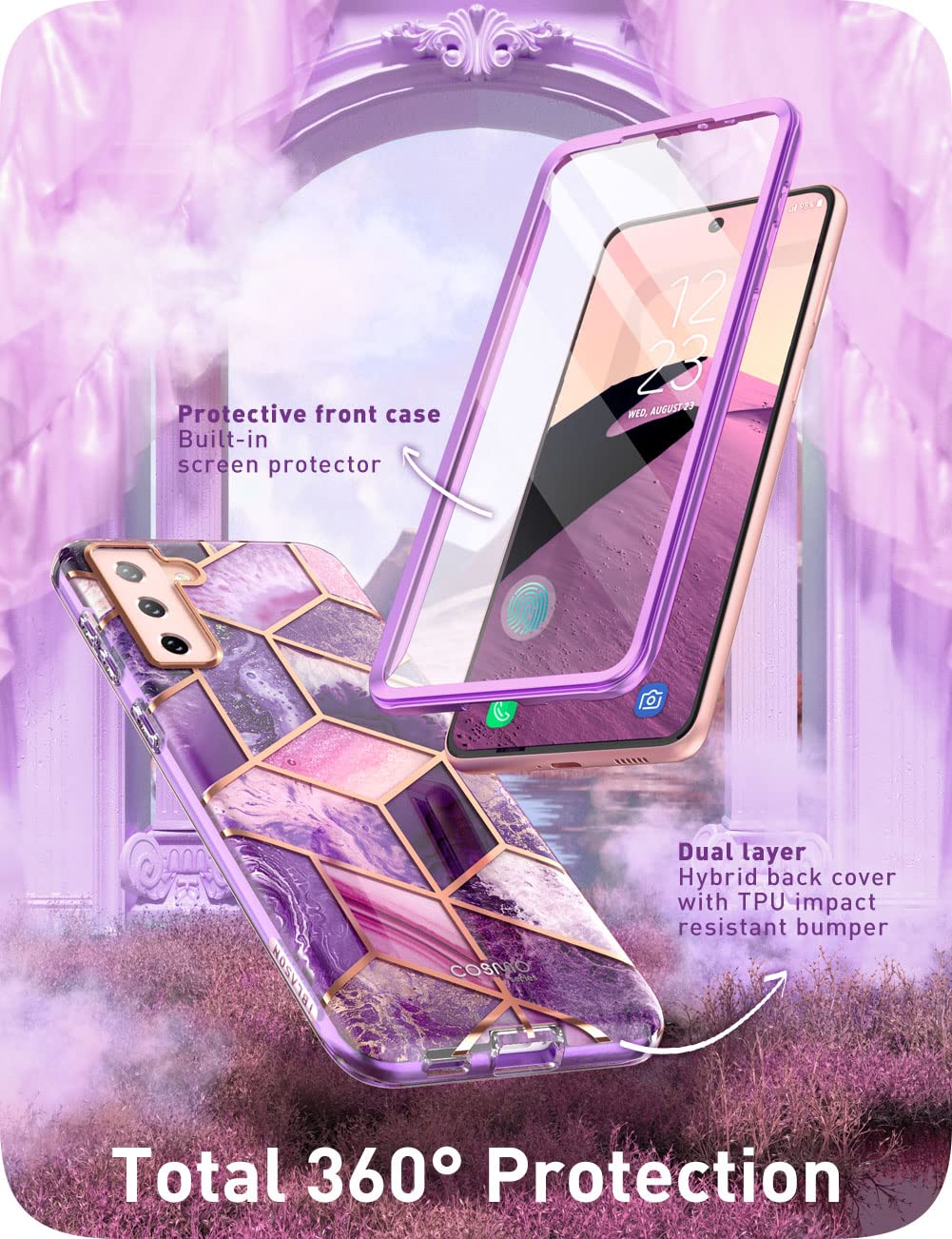 i-Blason Glitter Case for Samsung Galaxy S22 (6.1 Inch) 5G Phone - Shockproof Bumper Cover with 360° Protection & Built-in Screen Protector | Glossy Purple Cosmo Design | Perfect for Everyday Use & Outdoor Activities