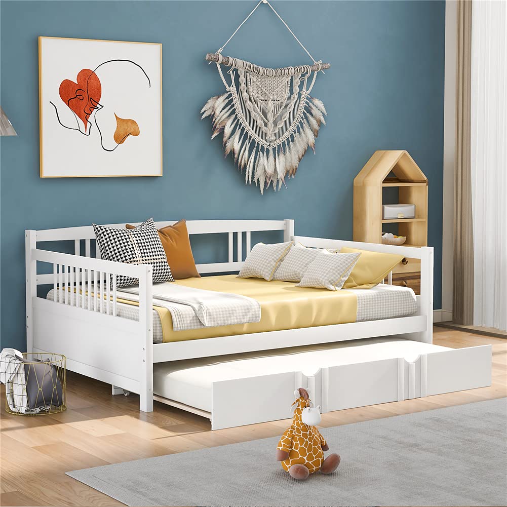 Kids Daybed Sofa Bed with Pull-Out Trundle - White Pinewood Bed Frame with Guardrails & Wood Slats - Space-Saving Furniture for Small Rooms, Guest Bed or Kids Bedroom - Full Size Convertible Sleeper with Wheels