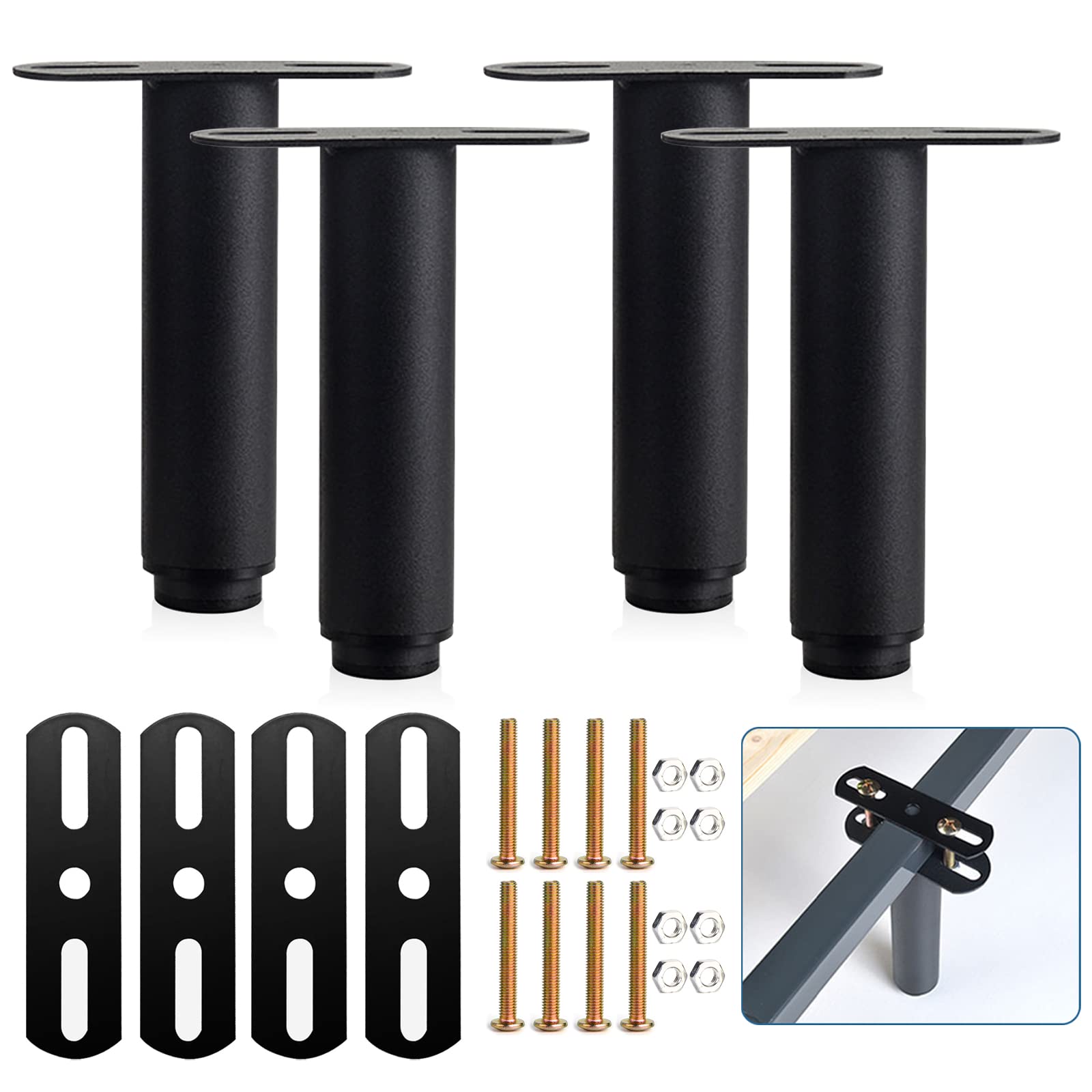 Heavy Duty Adjustable Metal Bed Support Legs - 4pcs Black Replacement Legs for Bed Frame, Cabinet & Sofa - Durable Center Slat Support for Enhanced Stability - Perfect for Bedroom Furniture Repair & DIY Projects