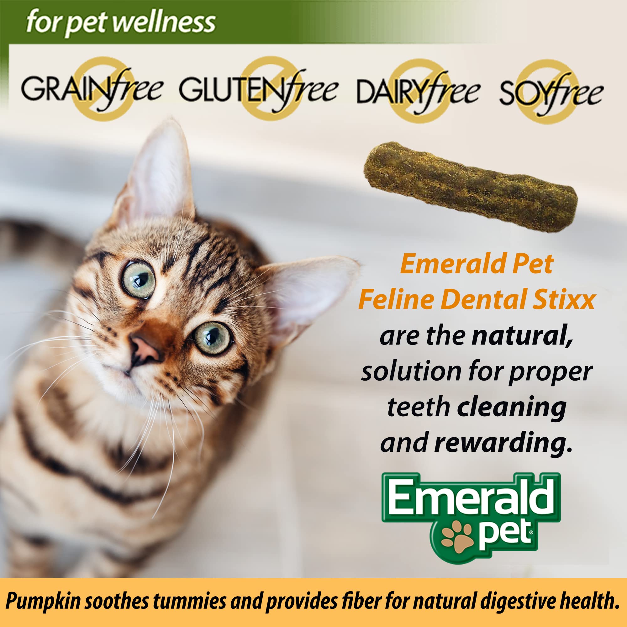 Emerald Pet Feline Dental Stixx - Grain Free Cat Dental Treats with Pumpkin for Digestive Health & Fresh Breath - Crunchy Chicken Flavor Dental Sticks for Clean Teeth - 3.6 oz - Perfect for Daily Oral Care & Playtime Rewards