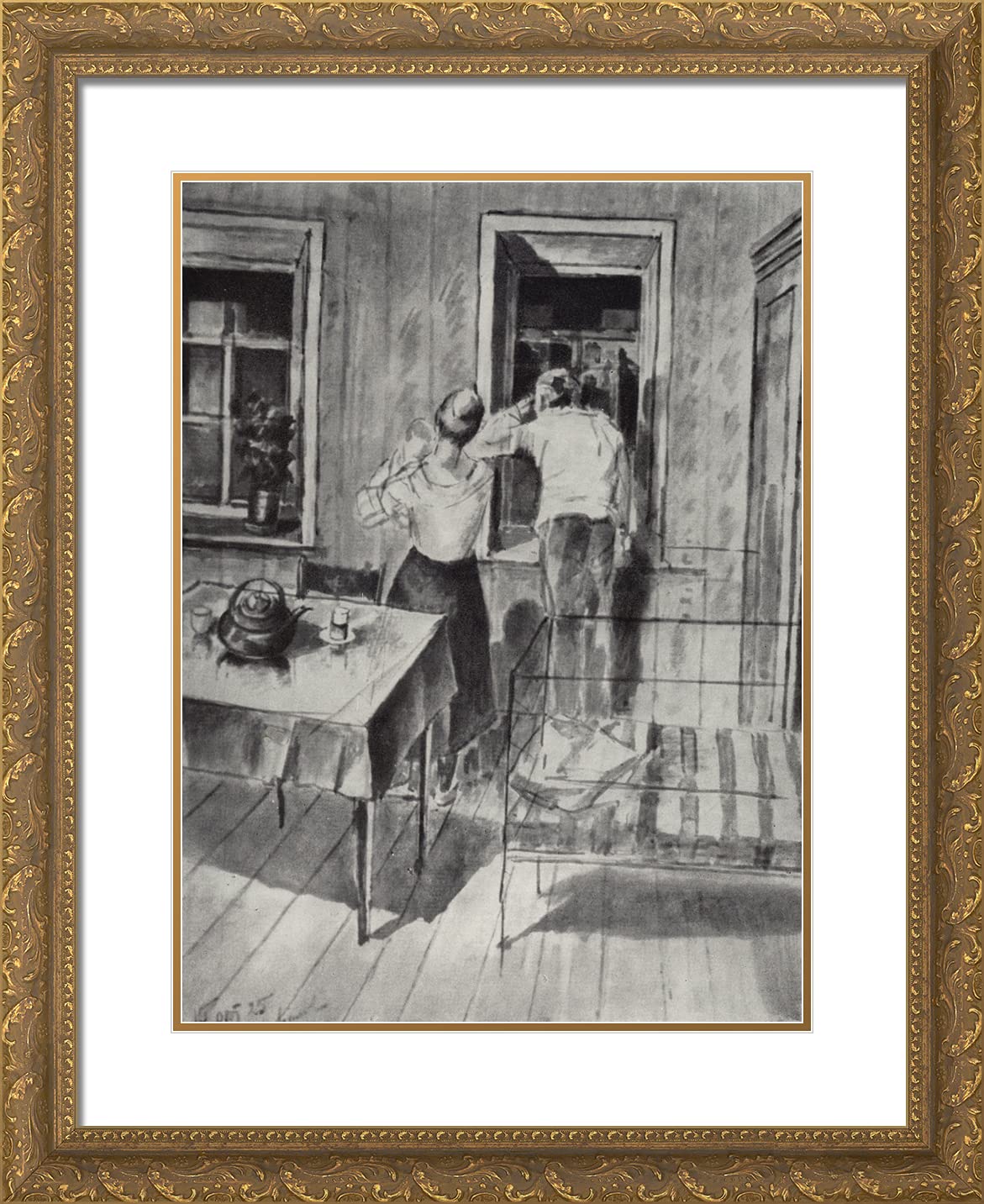 Kuzma Petrov-Vodkin '1919 Alarm Study' 20x24 Inch Gold Ornate Framed Art Print with Double Matting - Vintage Russian Artwork for Living Room, Office & Gallery Decor