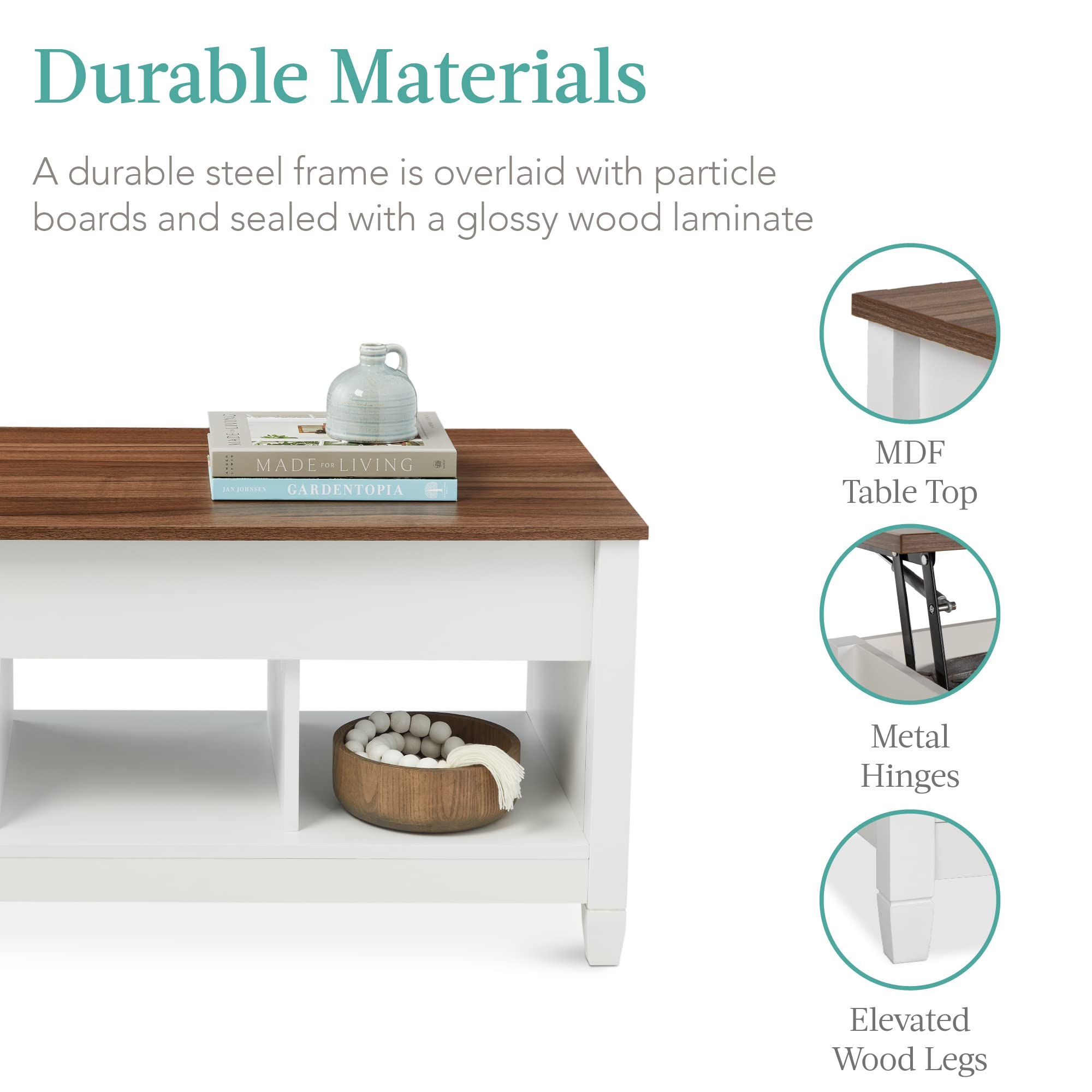 Best Lift Top Coffee Table with Hidden Storage - Solid Wood Dining & Accent Table for Living Room, Display Shelves - White/Brown - Perfect for Small Spaces & Home Organization