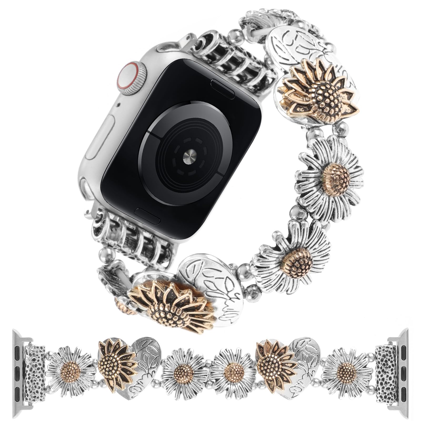 Stretchy Metal Apple Watch Bands Compatible with 38mm 40mm 41mm 42mm 44mm 45mm 49mm - Women's Fashion Elastic Sunflower Heart Design Stainless Steel Wristband for iWatch Series 9/8/7/6/5/4/3/2/SE - Perfect for Workouts, Office Wear & Everyday Fashion Accessories