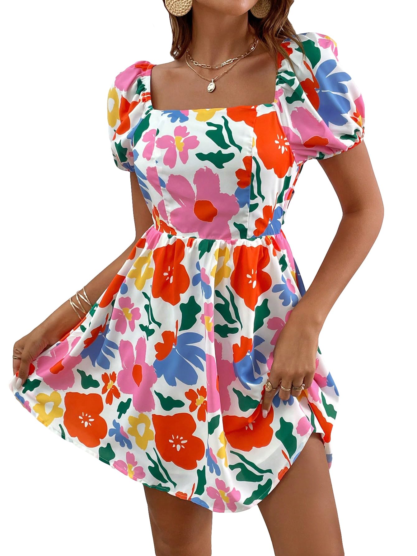 Verdusa Women's Boho Floral Print Short Sleeve Square Neck Puff Sleeve Mini Dress - Perfect for Summer Outfits, Beach Vacations & Casual Date Nights