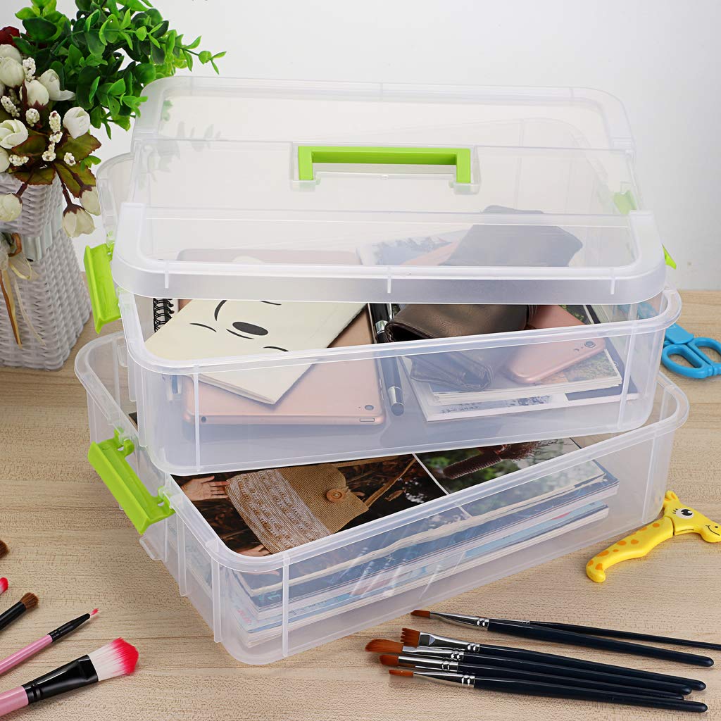 BTSKY 2-Tier Stackable Plastic Storage Box with Handle - Portable Organizer for Stationery, Craft Supplies, Jewelry & Beauty Accessories - Perfect for Home, Office & Travel Organization (Green)