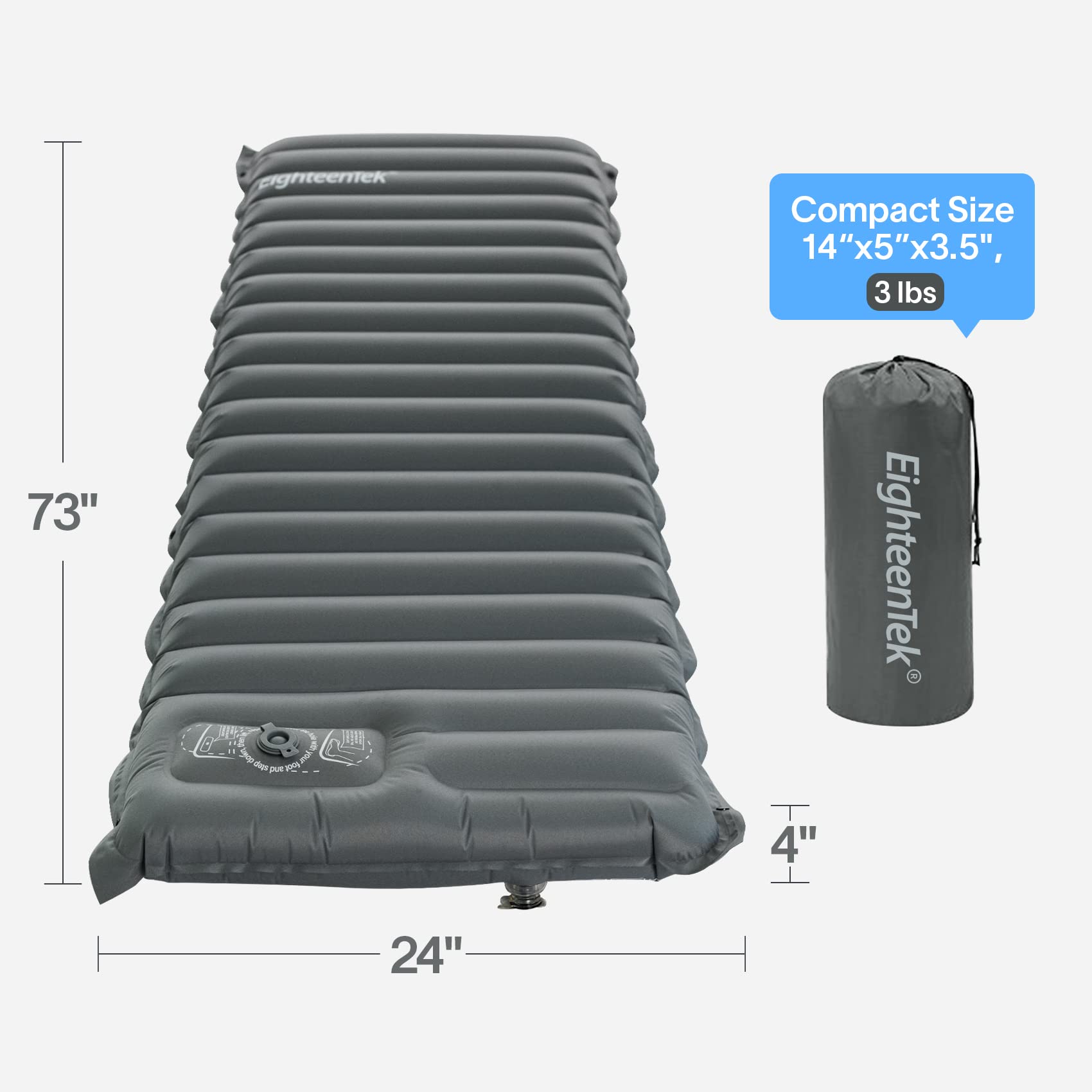 EighteenTek 4 Inch Thick Self-Inflating Camping Sleeping Pad with Built-in Foot Pump - Ultralight & Portable for Backpacking, Hiking, Travel - Perfect for Tents, RVs, and Outdoor Adventures