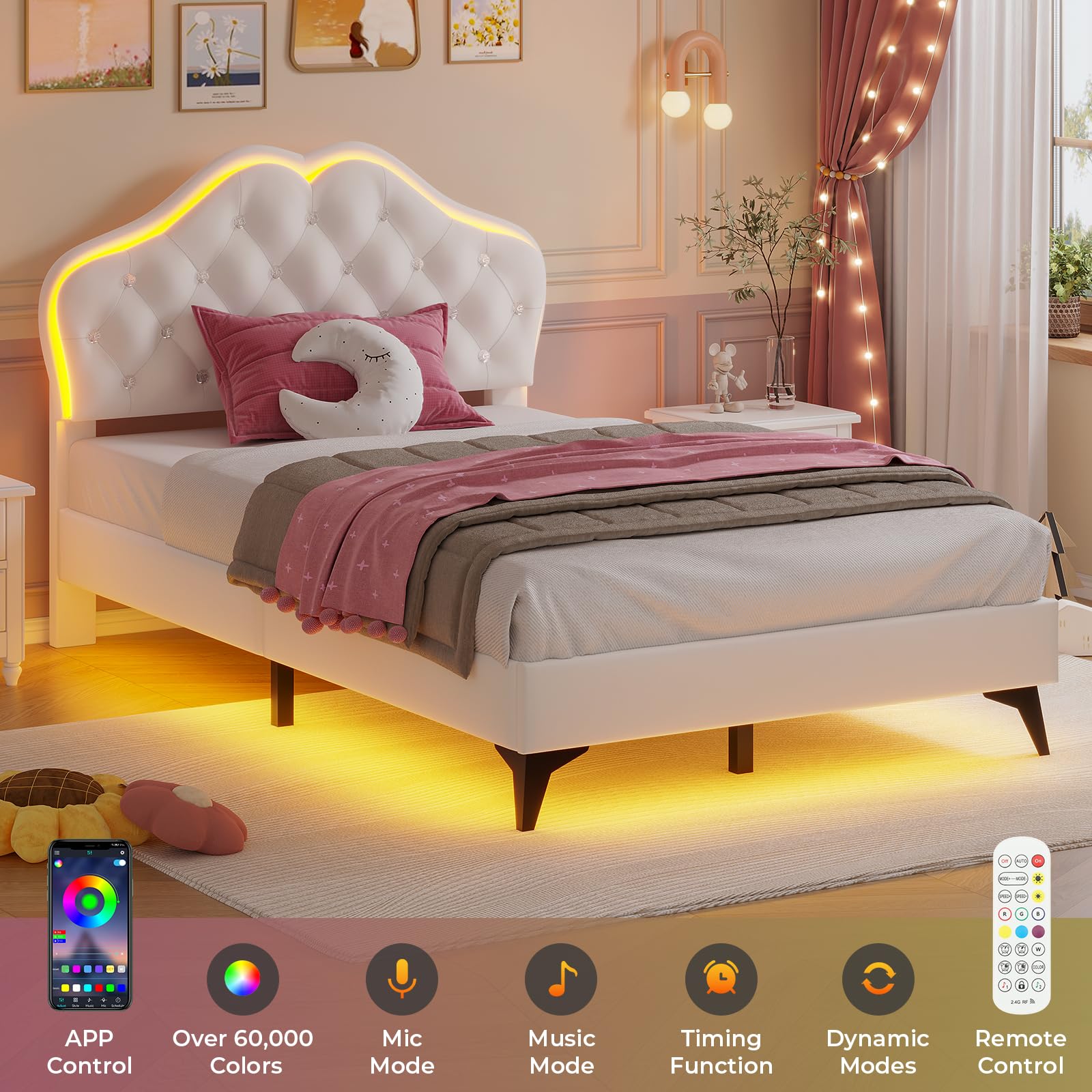 ADORNEVE Twin Bed Frame with RGB LED Lights & Adjustable Crystal Headboard - Velvet Upholstered Platform Bed for Girls with Solid Wood Slats - Easy Assembly Cream White - Perfect for Princess Themed Bedrooms & Teen Girls' Sleepovers