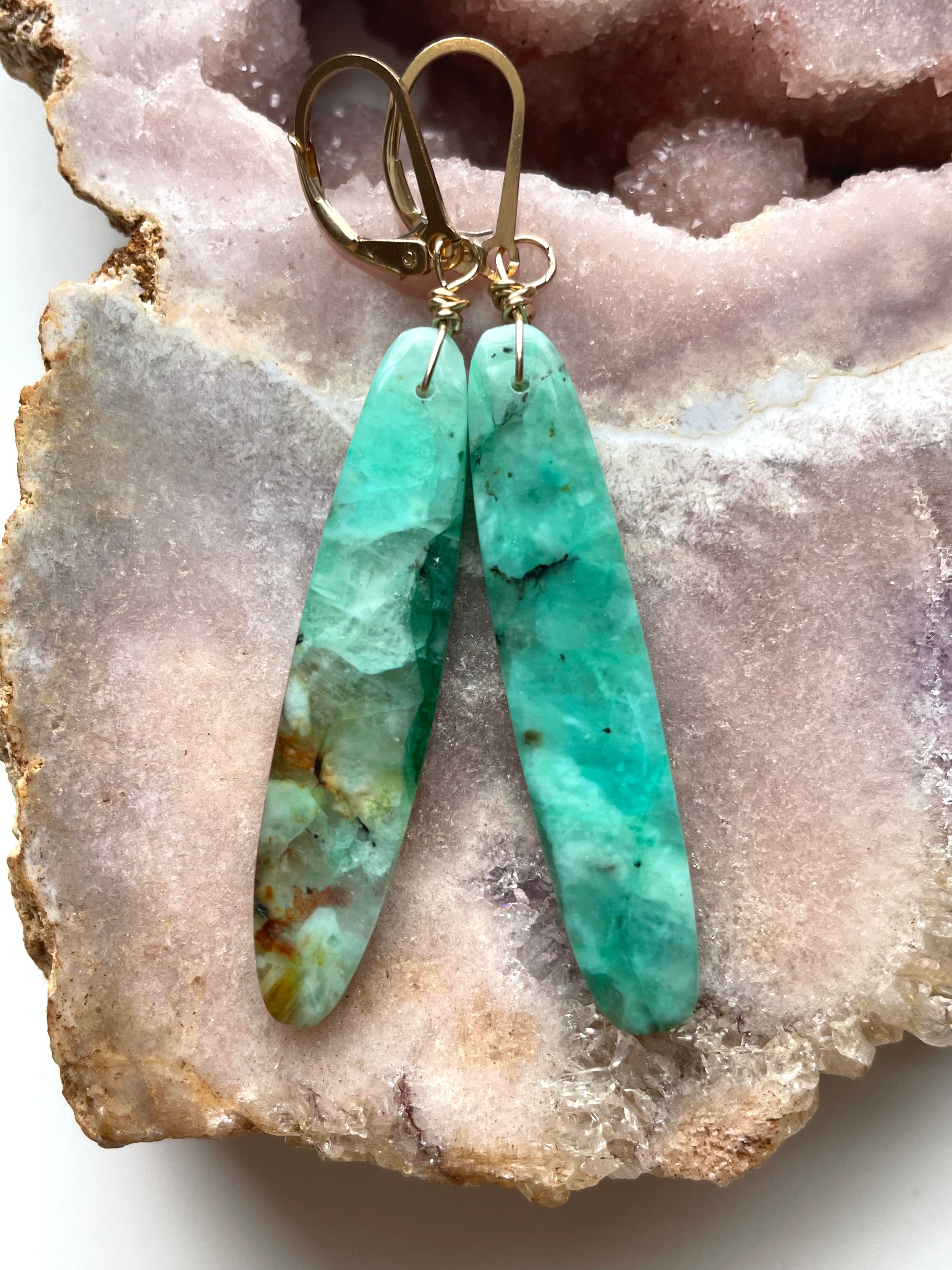 Chrysocolla Gold Filled Statement Crystal Gemstone Earrings for Women - Elegant Dangle Drop Earrings for Party, Wedding & Special Occasions