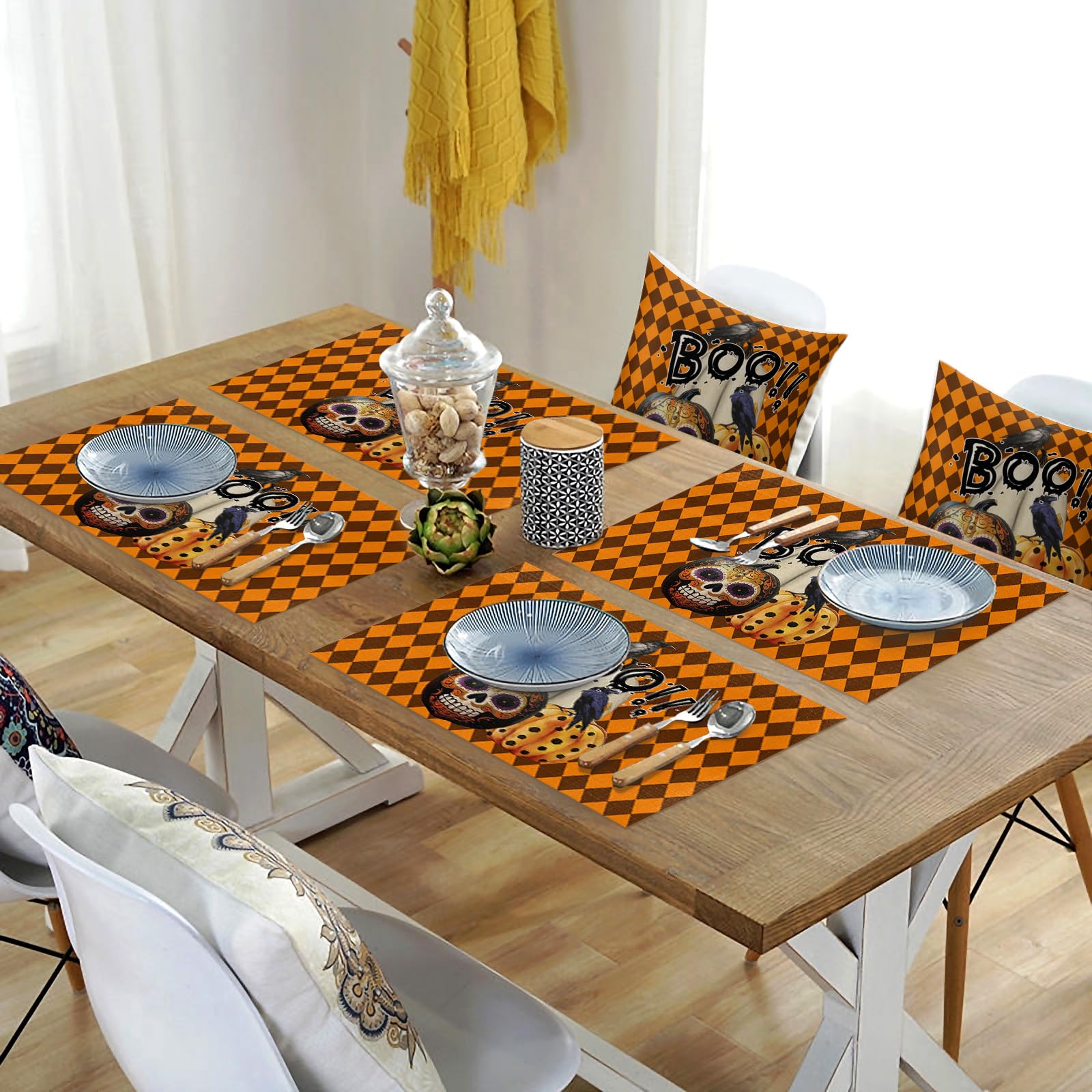 Halloween Placemats Set of 4 - Washable PVC Table Mats for Dining & Kitchen, Woven Vinyl Plastic Placemats with Bohemian Pumpkin Crow Skull Design - Perfect for Holiday Decor, Dinner Parties & Fall Table Settings