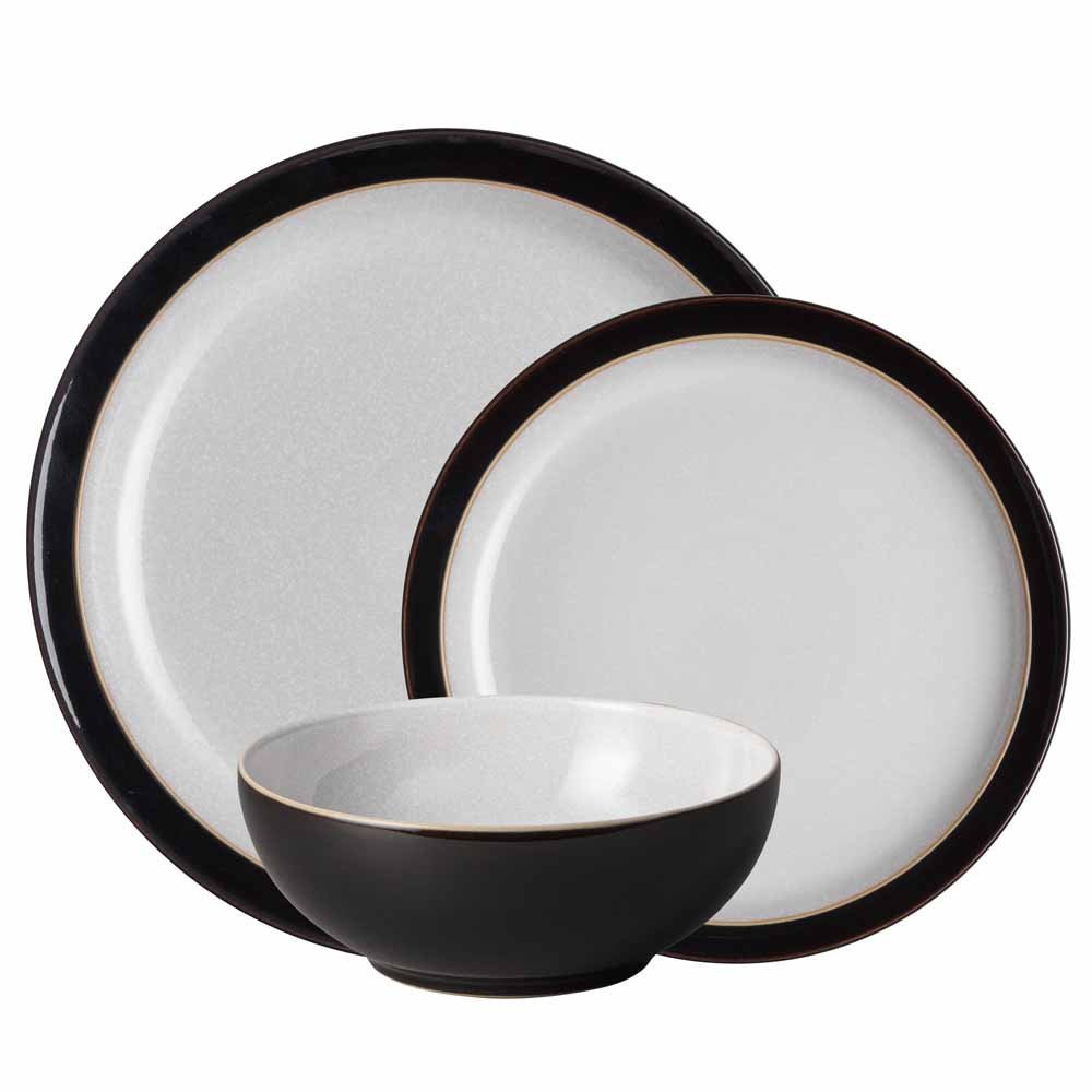 Denby Elements Black 12-Piece Dinnerware Set - Premium Ceramic Plates & Bowls - Dishwasher & Microwave Safe - Includes 4 Dinner Plates, 4 Salad Plates & 4 Soup Bowls - Perfect for Family Dinners, Entertaining & Everyday Use