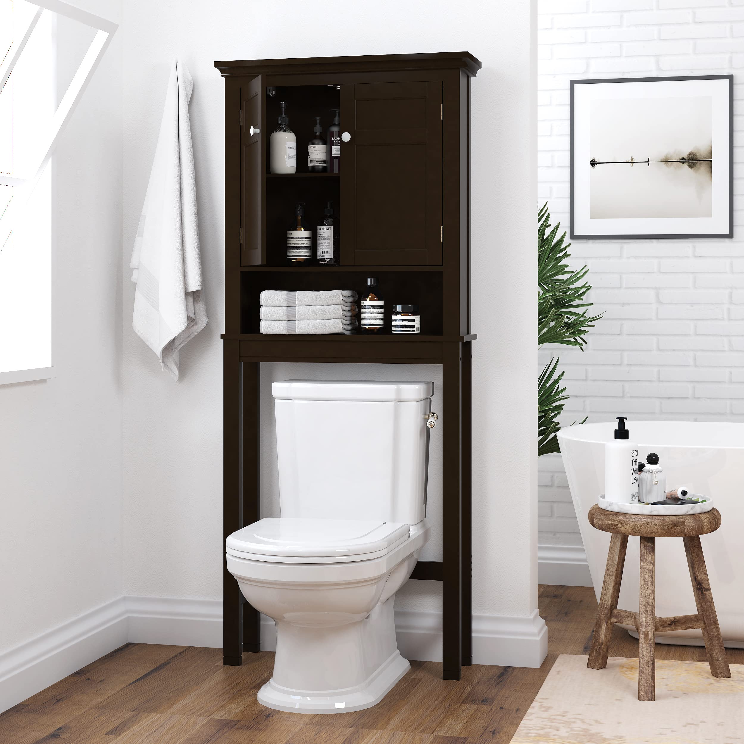 Spirich Over The Toilet Storage Cabinet - Bathroom Shelf Organizer with 3-Tier Shelves for Towels & Toiletries, Space-Saving Design (Espresso Finish) - Perfect for Small Bathrooms, Apartments & Powder Rooms