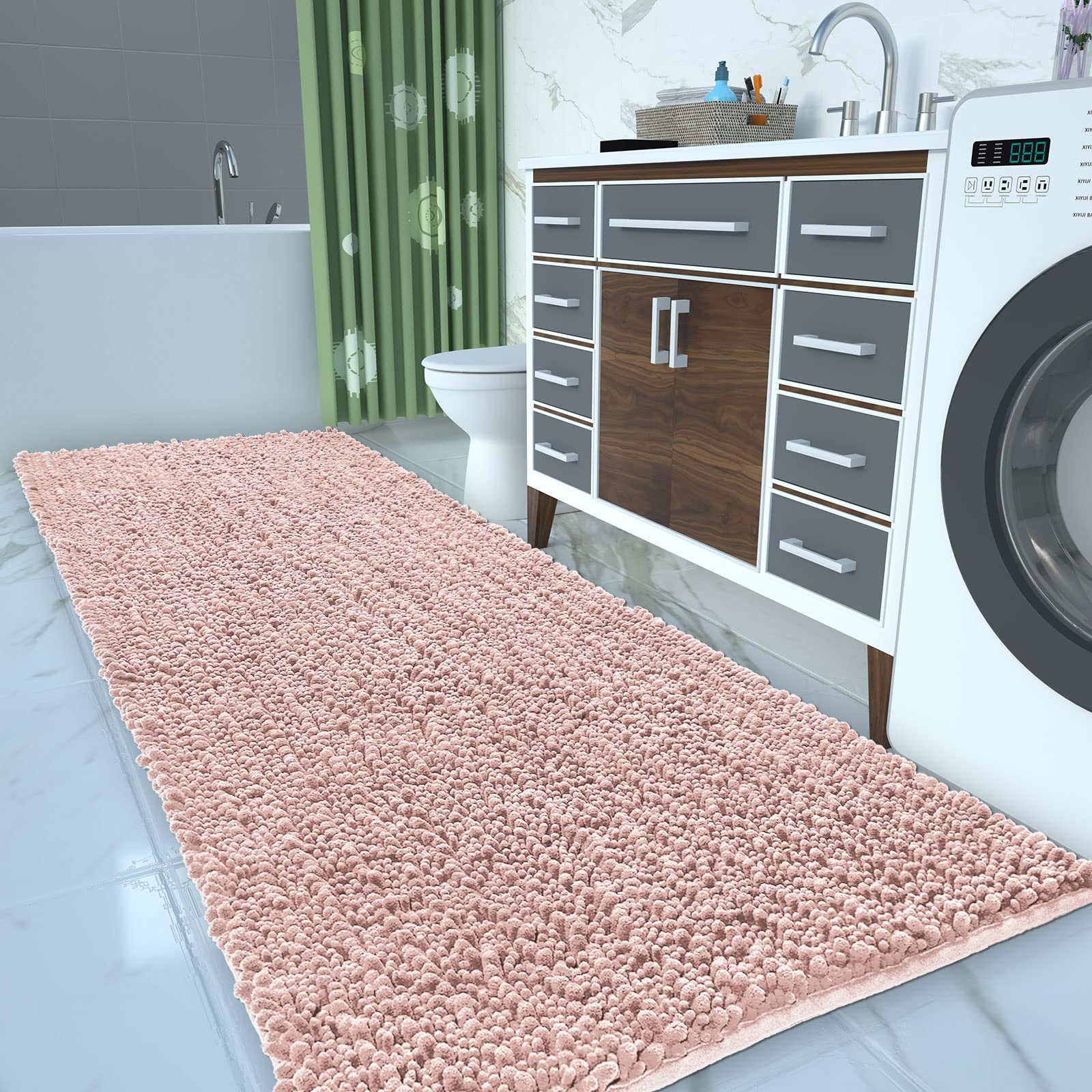 Yimobra Soft Shaggy Bath Mat 36.2 x 24 Inch - Non-Slip Super Absorbent Bathroom Rug, Thick Quick-Dry Machine Washable Shower Mat for Bathroom Floor (Light Pink) - Perfect for Spa-Like Comfort & Wet Area Safety