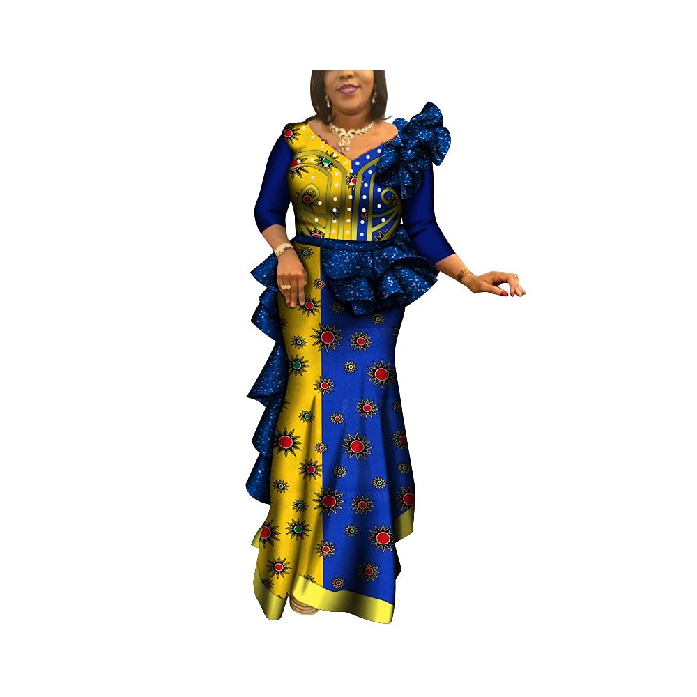 BAZINRICHE African Ankara Dress for Women - Elegant V-Neck Wedding & Party Bridesmaid Dress with Pearl Details, Plus Size | Perfect for Bridal Showers, Cultural Events & Special Occasions