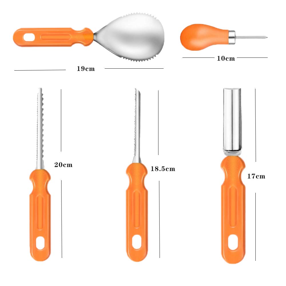 Halloween Pumpkin Carving Kit - 5 Piece Stainless Steel Pumpkin Carving Tools Set for Kids & Adults - Durable Pumpkin Carving Knives, Scoop & Stencils for Halloween Decorations & Pumpkin Carving Contests