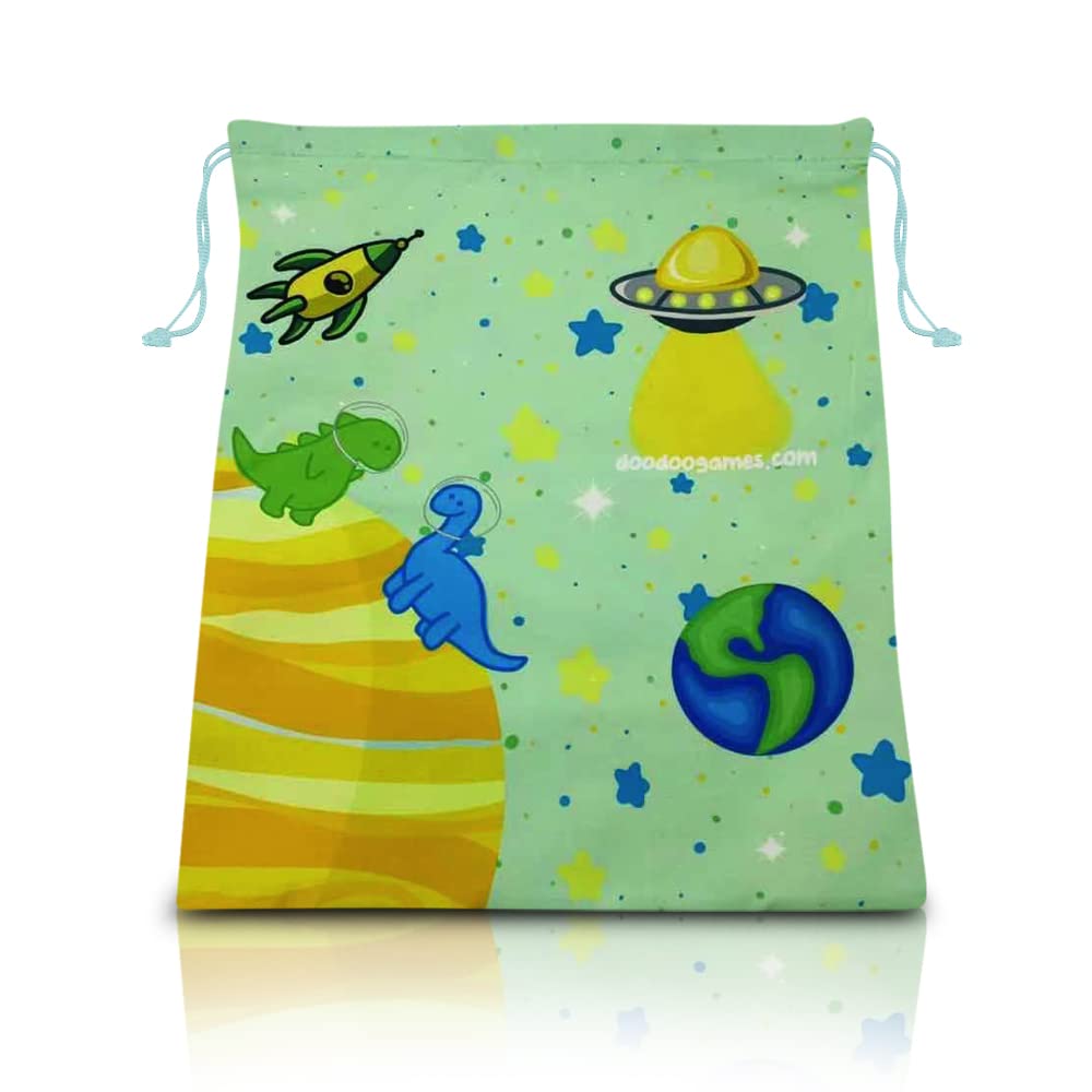 Doodoogames Kids Drawstring Cinch Bag - Dinosaur Themed Canvas Toy Storage Bag for Baby Toys & Game Pieces - Yellow | Perfect for Playroom Organization, Birthday Party Favors & Travel Toy Storage