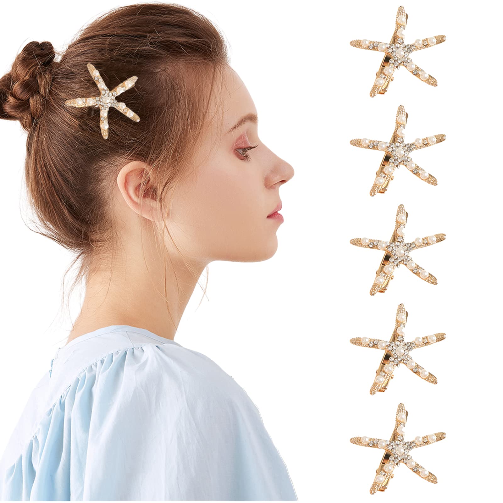 5 PCS Starfish Hair Clips with Pearl Rhinestones - Non-Slip Hair Barrettes for Women, Girls & Brides - Perfect for Weddings, Beach Parties & Everyday Styling