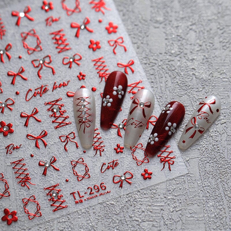 5D Gold Red White Bowknot Embossed Nail Stickers - Elegant Nail Art Decals for Parties, Weddings & Special Occasions