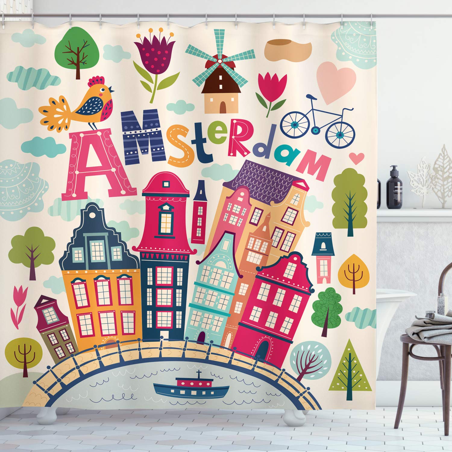 Ambesonne Dutch Shower Curtain - Colorful Amsterdam Architecture Cartoon Design with Trees, 69x75 Inch Fabric Bathroom Decor Set with Hooks (Magenta Multicolor) - Perfect for Kids' Rooms, Themed Bathrooms & Dutch Culture Enthusiasts