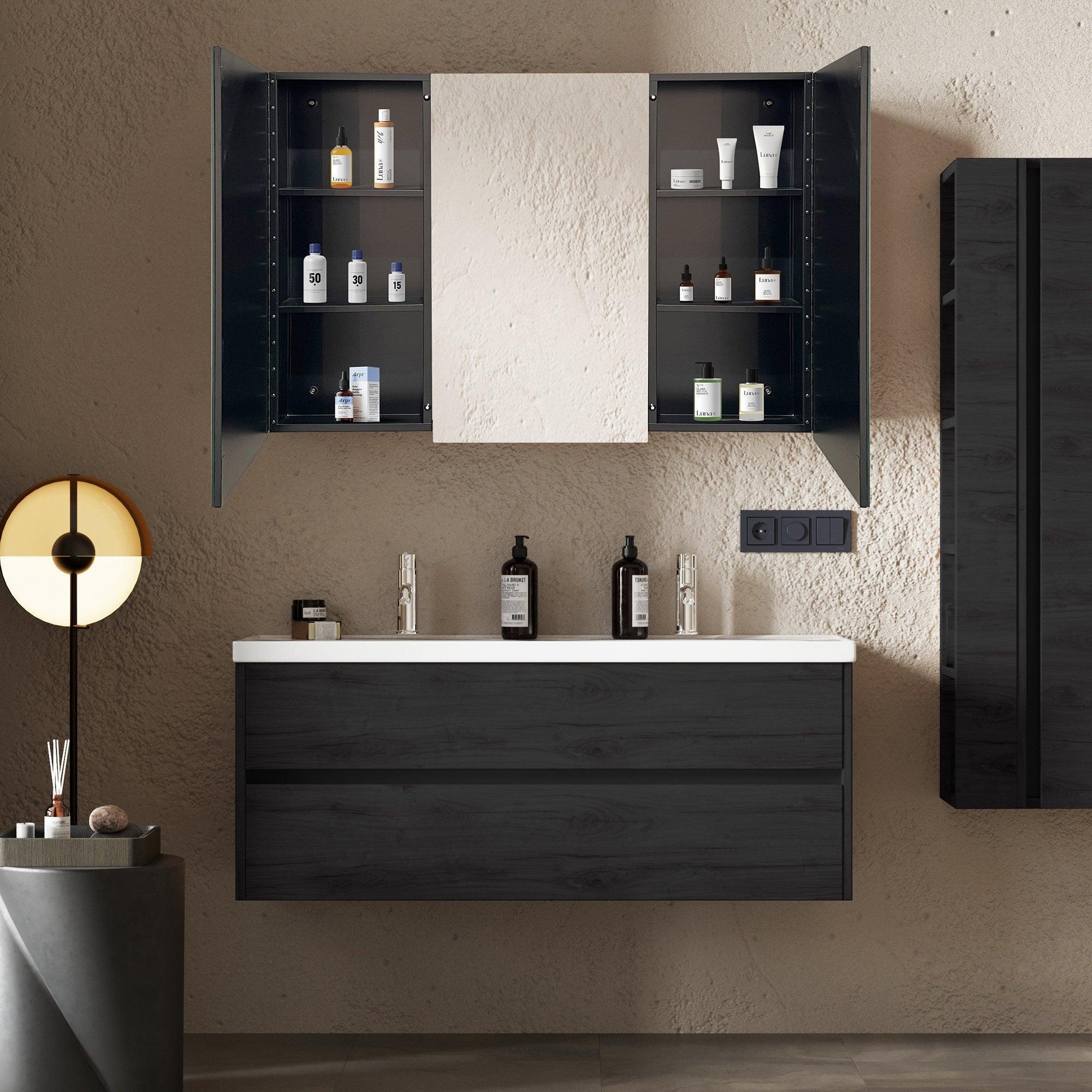 39 x 28 Inches Black Iron Wall Mounted Medicine Cabinet with Mirror - Perfect for Bathroom Storage & Organization