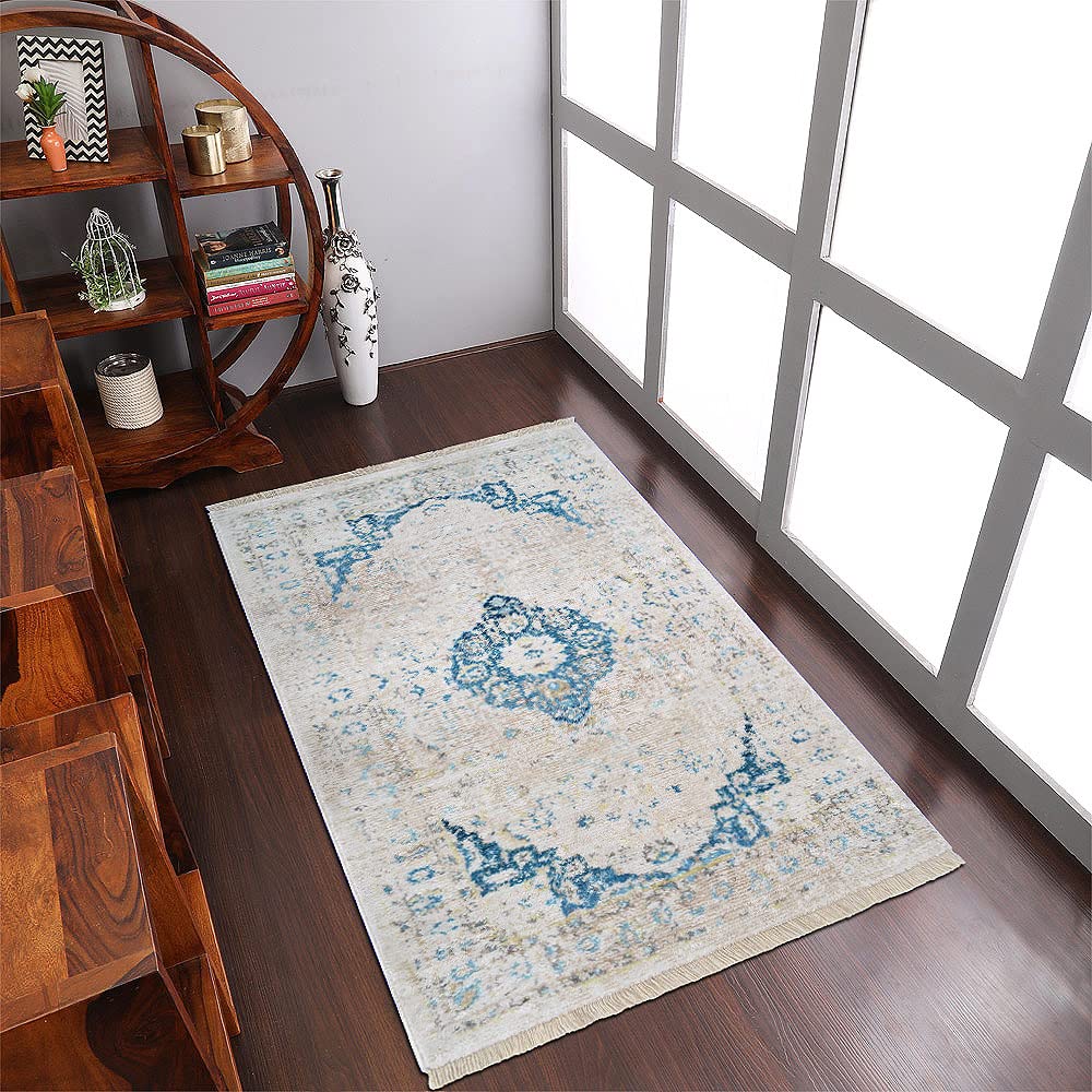 Machine Made Polyester Area Rugs 6'x9' Rectangle - Ivory Oriental Traditional Design Low Pile Carpet for Living Room Bedroom | Durable & Soft Home Decor | Perfect for Modern & Classic Interior Styles (M00069)