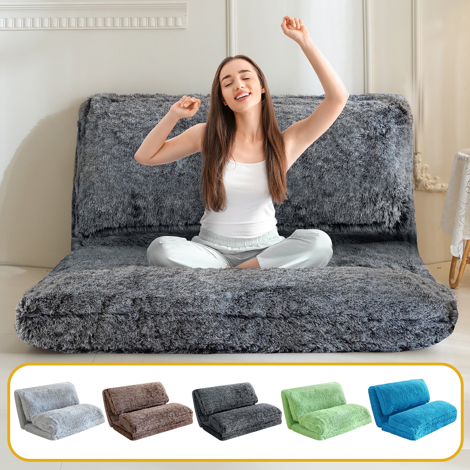 MAXYOYO Faux Fur Bean Bag Chair - Foldable Floor Sofa Bed with Foam Filling, Wall Couch Sleeper for Living Room, Bedroom & Dorm - Black (Perfect for Lounging, Gaming & Small Space Living)