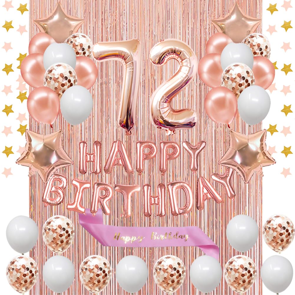 72nd Birthday Decorations Set - Rose Gold Happy Birthday Banner, Sash & Number 72 Balloons for Women | Latex Confetti Balloons Party Supplies | Perfect for 72 Year Old Birthday Celebrations, Retirement Parties & Milestone Events