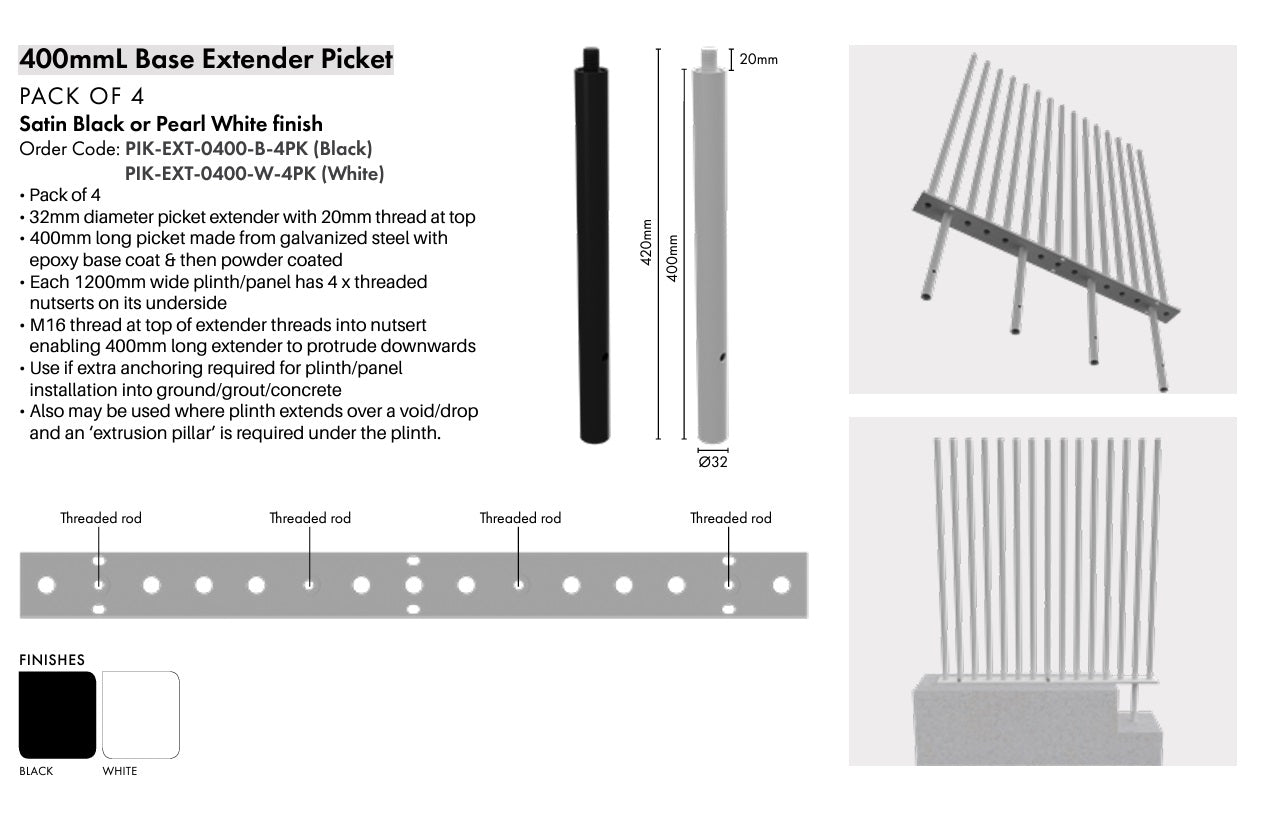 PIK 400mm Base Extender - Black (4 Pack) - Perfect for Extending Furniture Legs, Shelves, and Cabinets