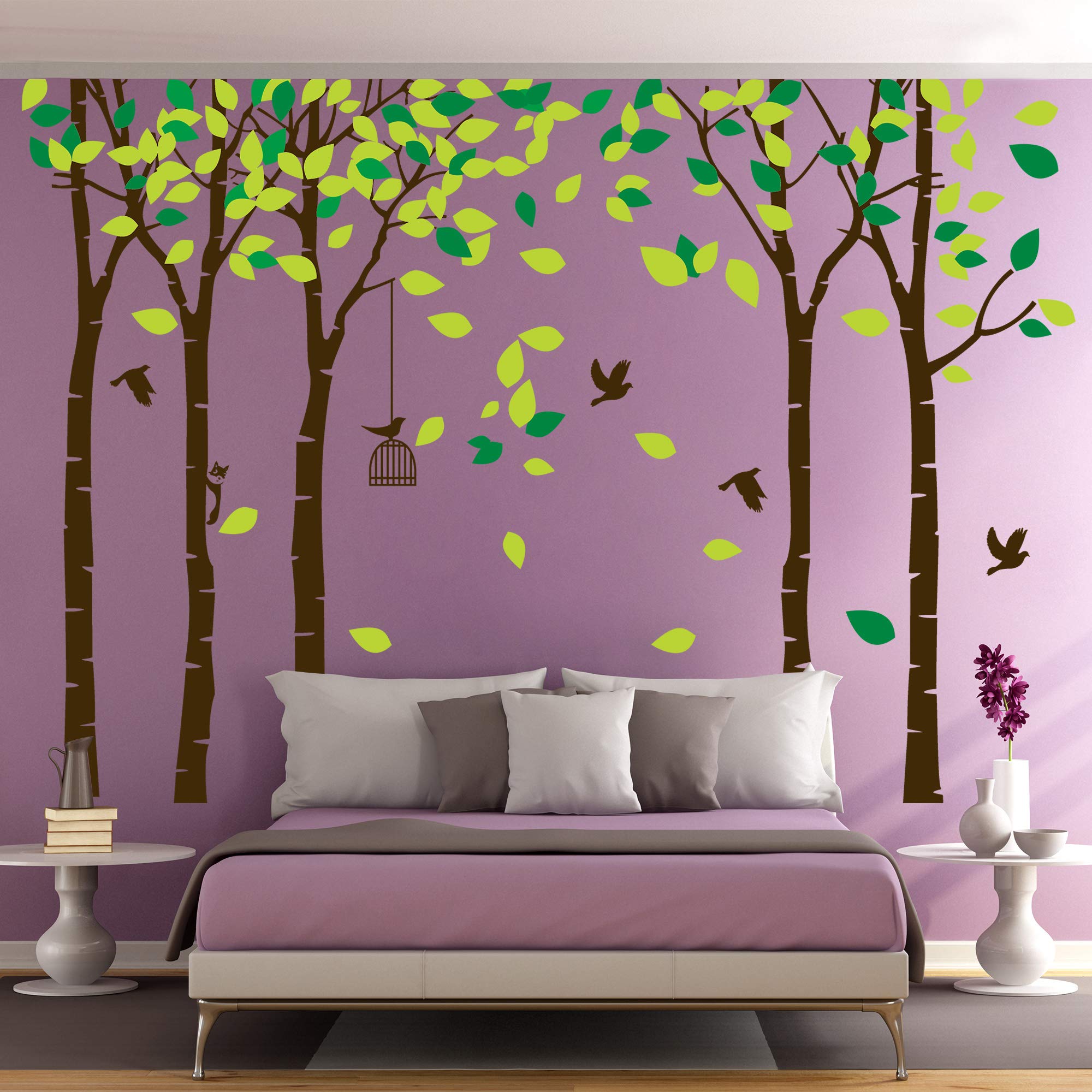 264 X 180cm Large Jungle Tree Wall Decal - Cartoon Family Forest Tree Removable Sticker with Green Leaves & Flying Birds - DIY Wall Mural for Kids Bedroom, Nursery, Living Room & Office Decor | Perfect for Nature-Themed Rooms & Play Areas