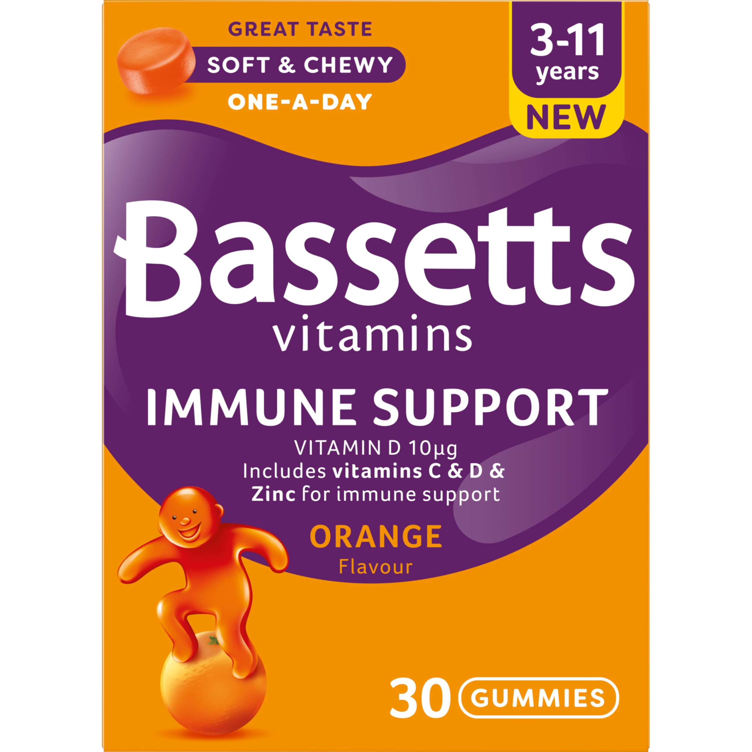 Bassetts Immune Support Vitamin C & D Gummies for Kids Ages 3-11 Years - Delicious Orange Flavor Immune Booster for School & Daycare