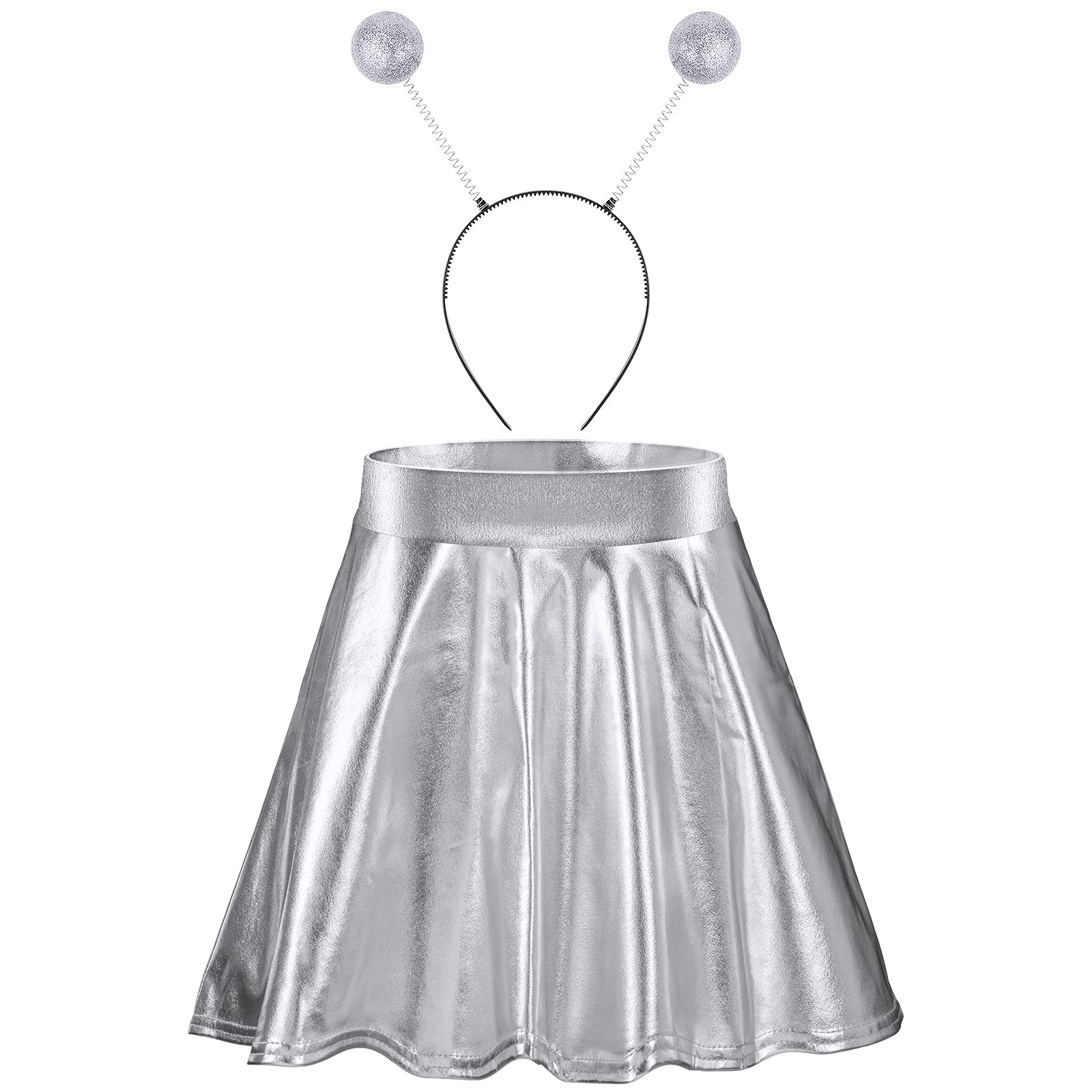 Halloween Alien Headband & Metallic Flared Pleated Skater Skirt Costume Set - Cute Alien Cosplay Accessories for Women & Teens - Perfect for Halloween Parties, Cosplay Events & Themed Photoshoots