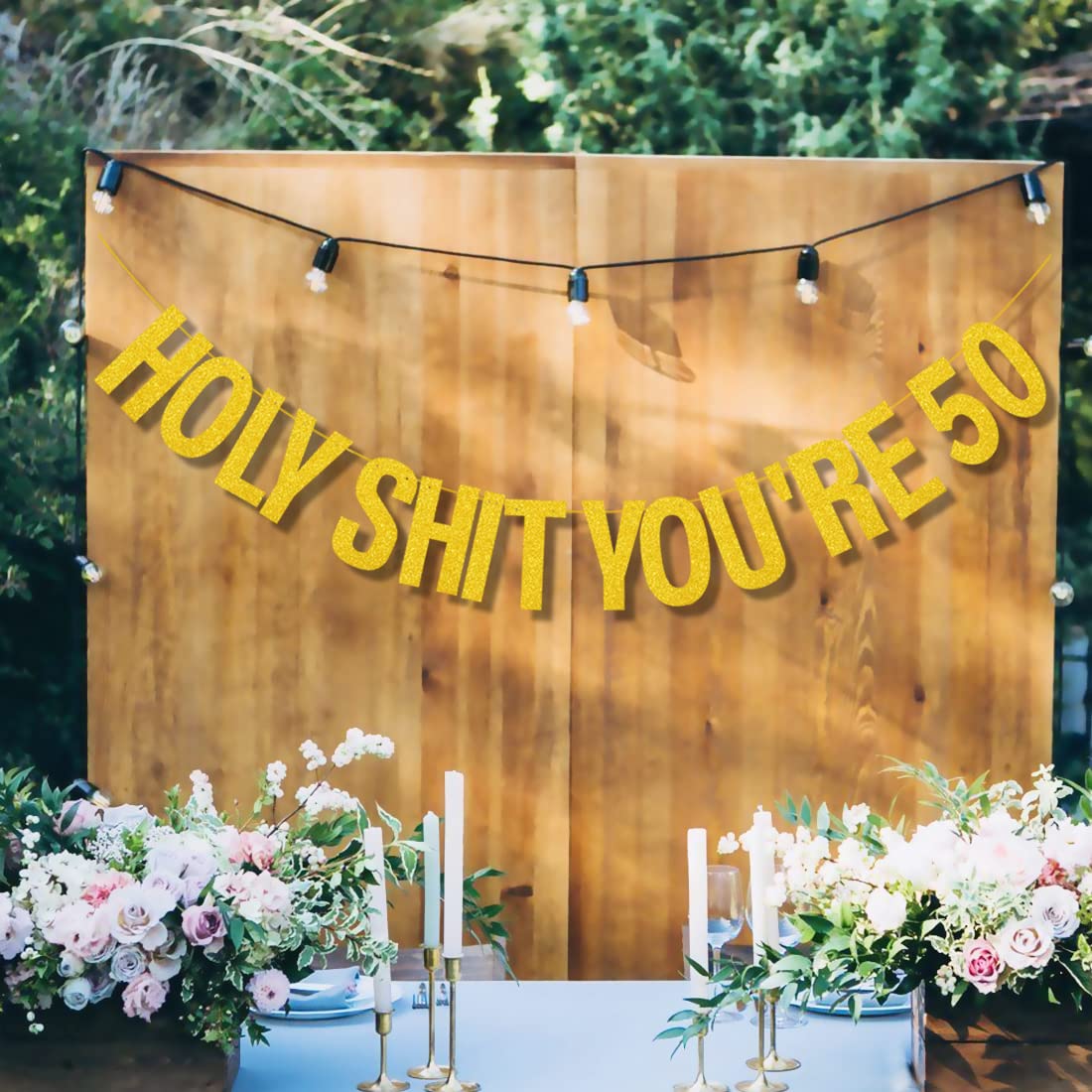 50th Birthday Banner - Gold Glitter Pre-Strung Party Decorations for Women & Men - Funny 'Holy Shit You're 50' Sign - Perfect for Milestone Birthday Parties, Surprise Celebrations & Decorative Backdrops