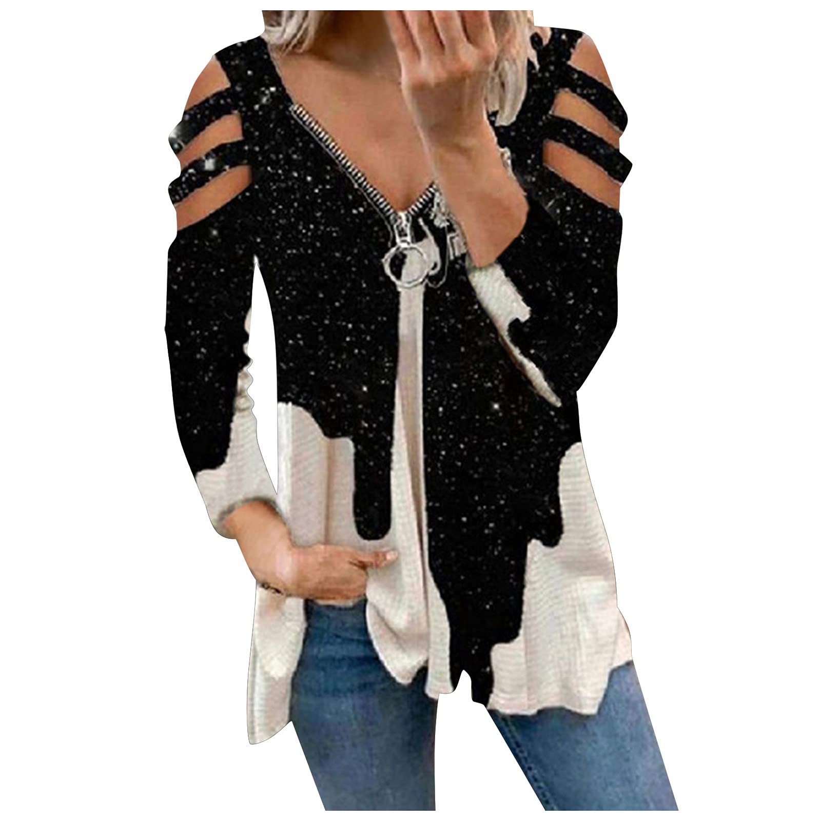 FABIURT Women's Summer Long Sleeve Color Block Crewneck Tunic Tops - Casual Running Workout Zipper Hoodies & Sweatshirts for Gym, Yoga, and Outdoor Activities