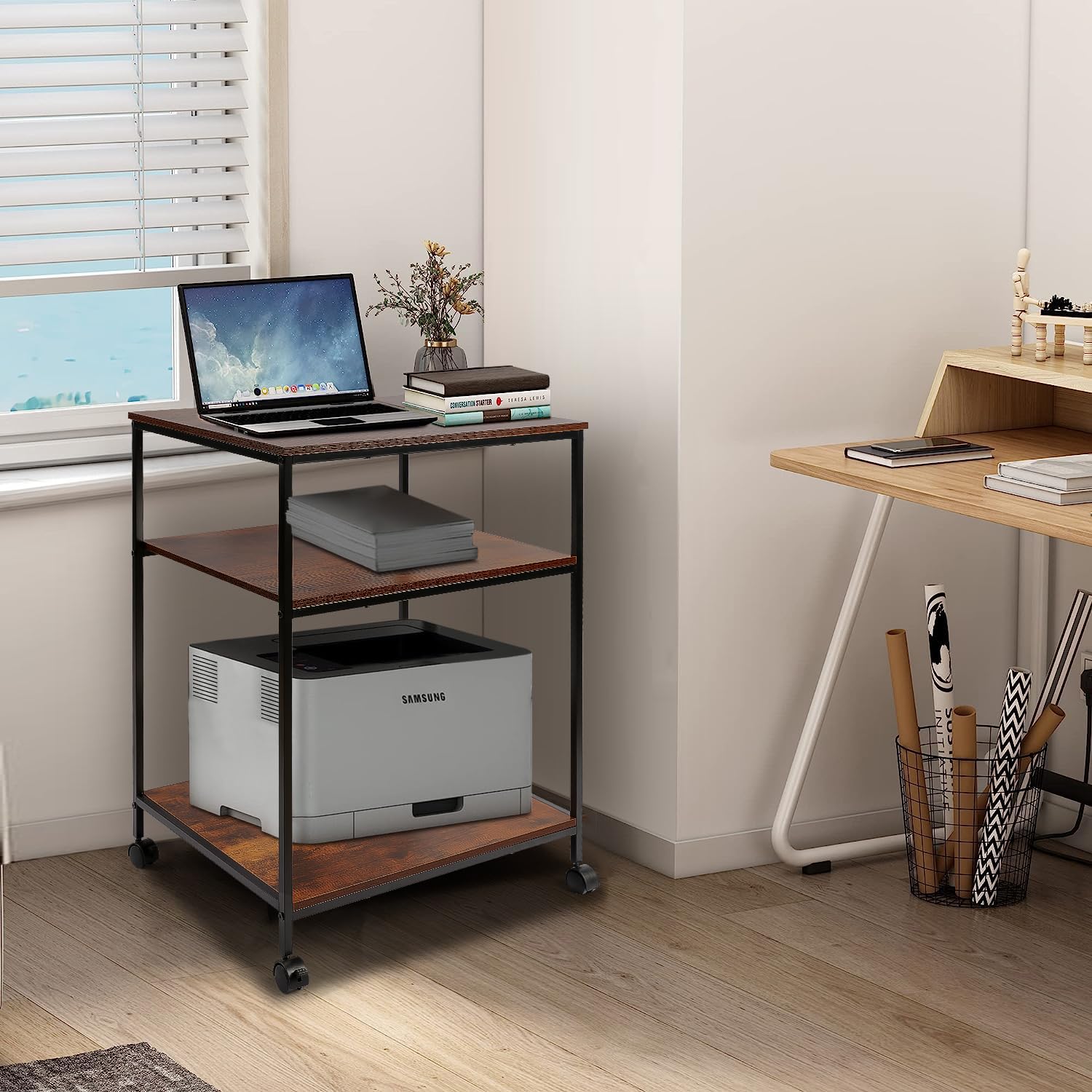 EMERIT 3-Tier Heavy Duty Printer Stand Cart with Adjustable Shelves & Lockable Wheels - 23.6x18.9x31.5 Inches for Laser/Inkjet/All-in-One Printers, Scanners, Fax Machines & Office Supplies - Perfect for Home Office, Small Business & Industrial Workspaces