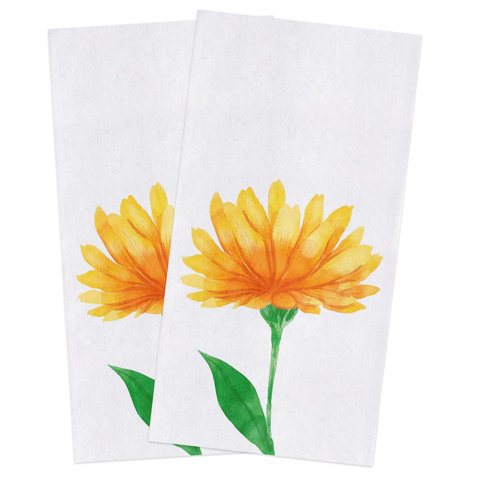 Premium Watercolor Floral Dish Towels Set of 2 - 18x28 Inch Absorbent Kitchen Towels with Hanging Loop for Drying Dishes & Cleaning - Yellow Flowers & Green Leaves Design - Perfect for Daily Kitchen Use, Dish Drying & Counter Wiping