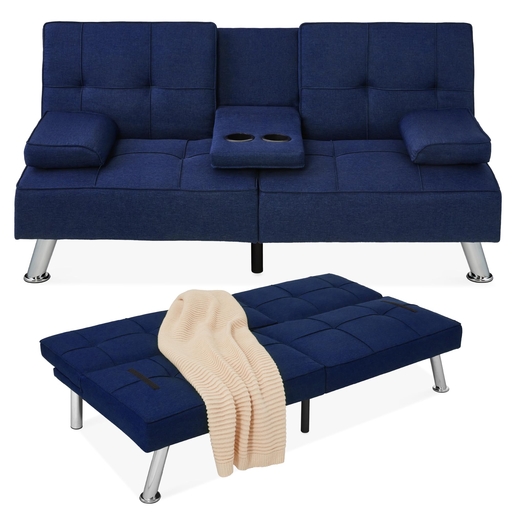 Best Choice Products Modern Folding Futon Sofa Bed - Convertible Recliner with Removable Armrests & 2 Cup Holders - Dark Blue Linen Fabric - Perfect for Small Apartments, Dorm Rooms & Guest Rooms