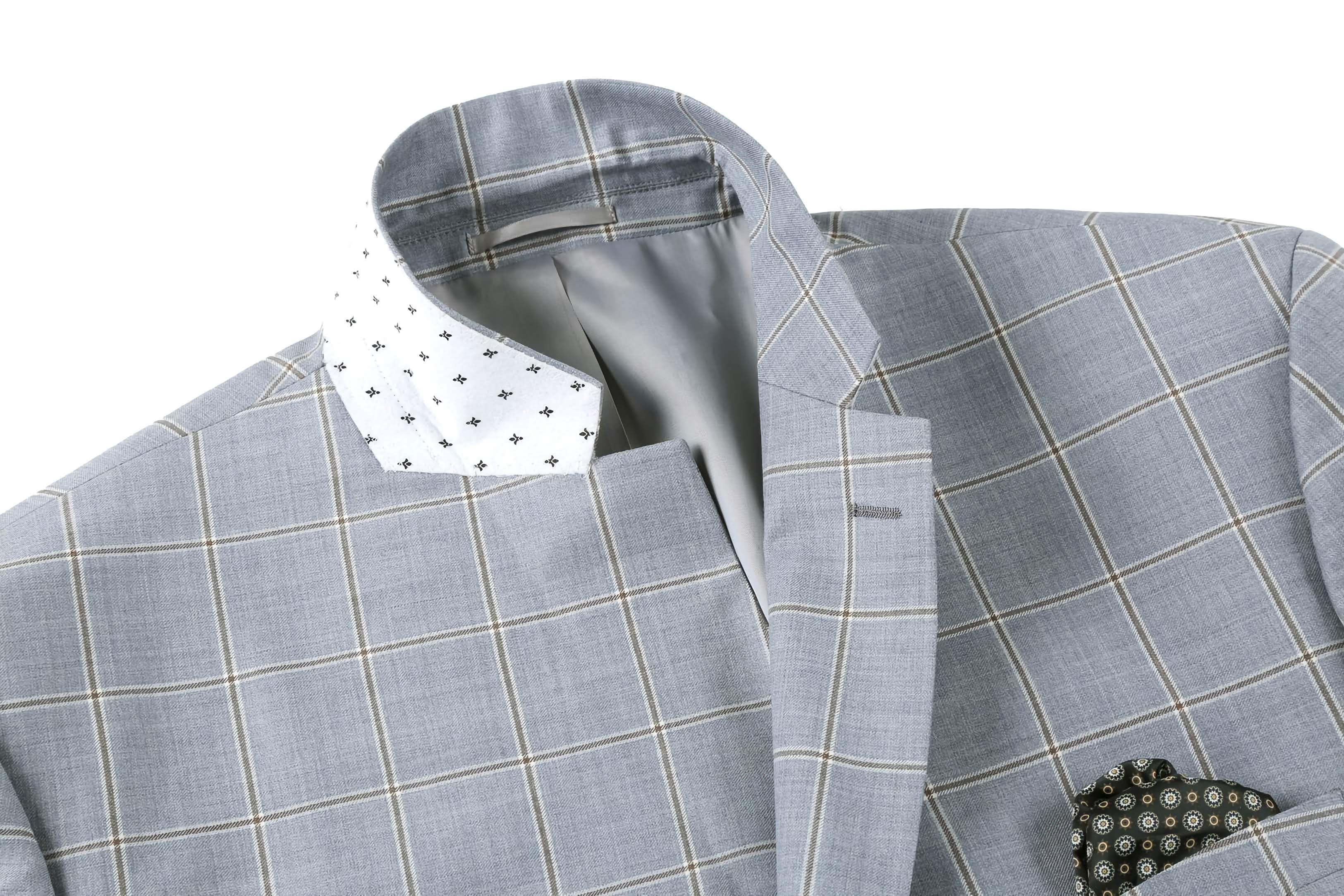 Stone Blue Wool Windowpane Pattern Regular Fit 2-Button Blazer for Men | Business Casual & Office Wear | Perfect for Weddings, Interviews and Formal Events