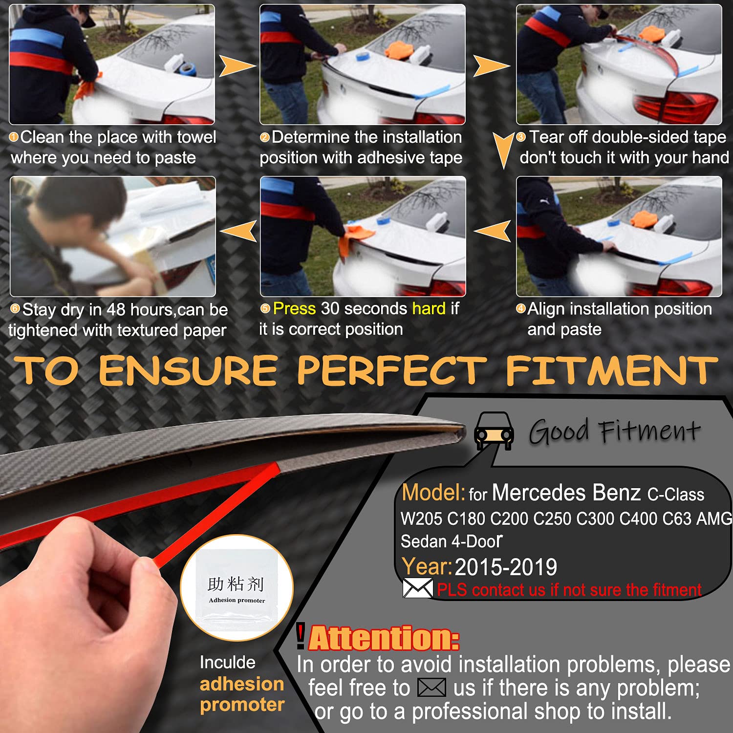 Carbon Fiber Trunk Spoiler for Mercedes Benz C Class W205 (2015-2021) - C180/C200/C250/C300/C400/C43/C63 AMG Sedan - High Kick Rear Boot Lip Wing - Factory Direct - Enhance Style & Aerodynamics for Street & Track Performance
