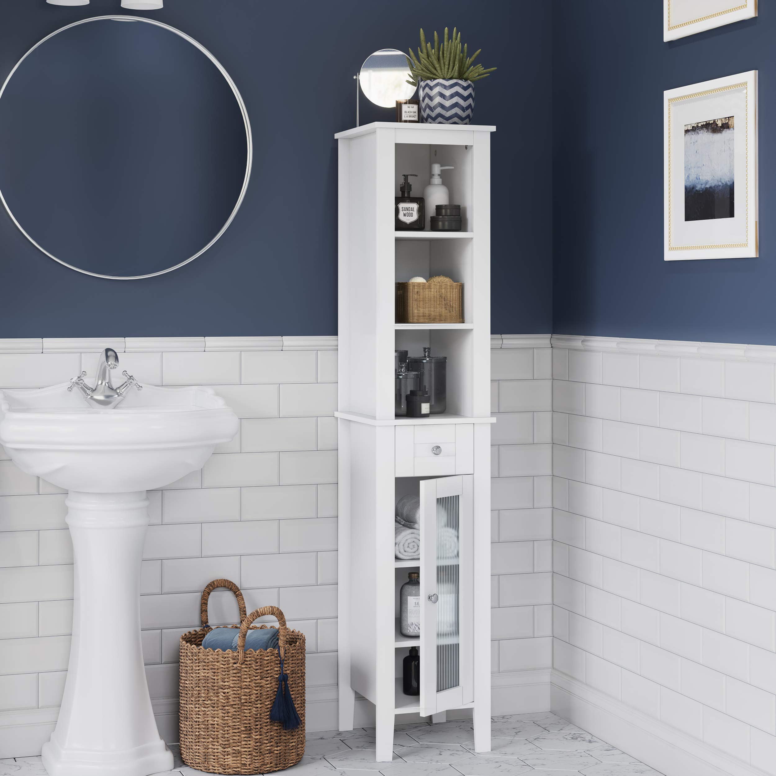 RiverRidge Prescott Tall Bathroom Storage Cabinet with Reeded Soft-Close Glass Door - 3 Open Shelves & Drawer - Slim Narrow Bathroom Vanity Organizer for Towels, Toiletries & Cosmetics - Perfect for Small Bathrooms, Powder Rooms & Apartment Living