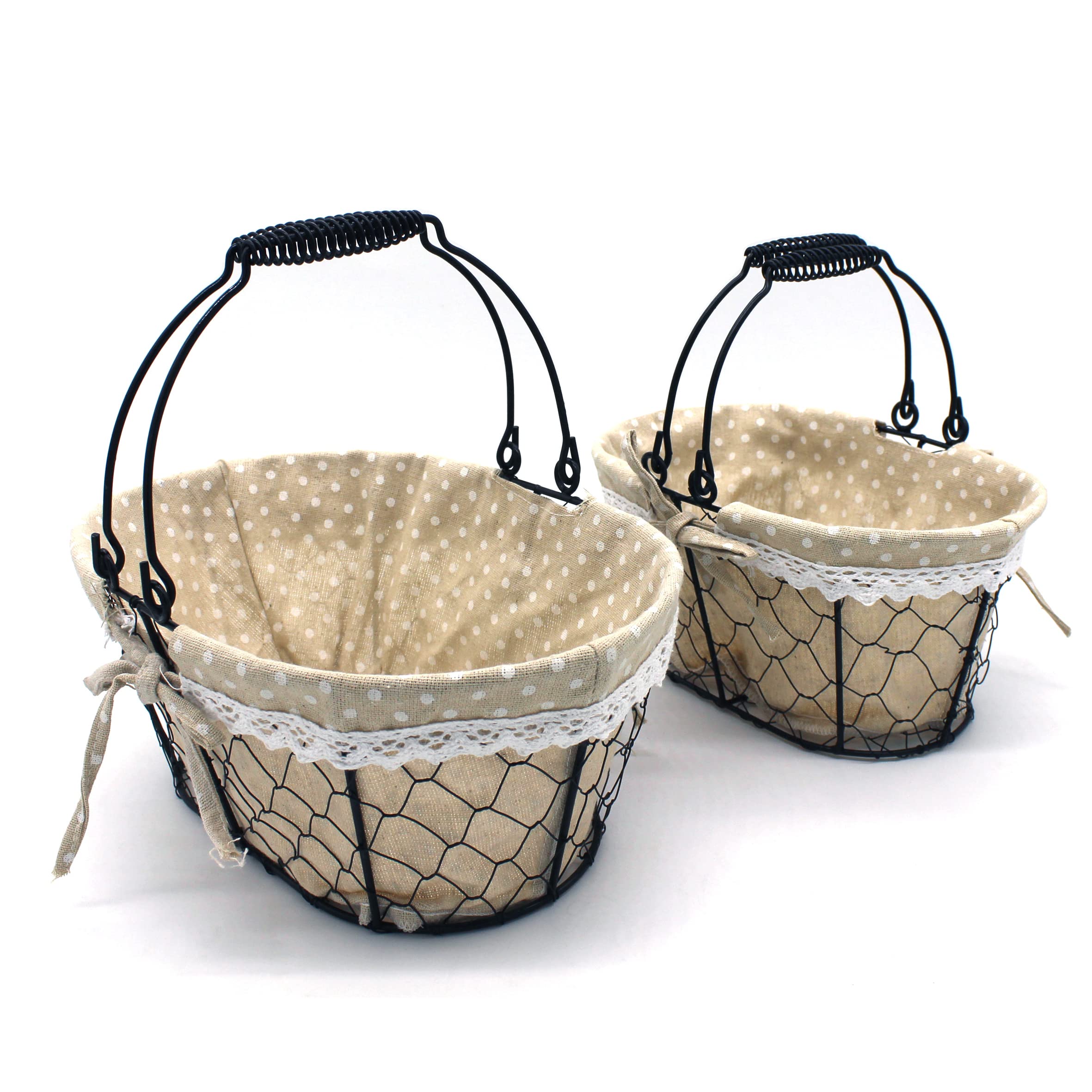 CVHOMEDECO Oval Chicken Wire Fruit Basket & Rustic Bread Basket with Sturdy Handle & Fabric Liner - Matt Black (Set of 2) - Perfect for Farmhouse Kitchen Decor, Picnics & Rustic Dining