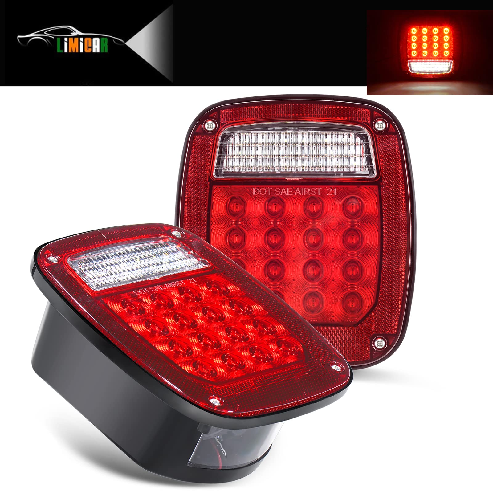 LIMICAR RV Square 43 LED Trailer Lights - 2PCS Red/White Stop Turn Reverse Tail Lights with License Plate Light for Truck, Trailer, Jeep YJ TJ JK CJ | Waterproof, Durable for Off-Road, Camping & Towing
