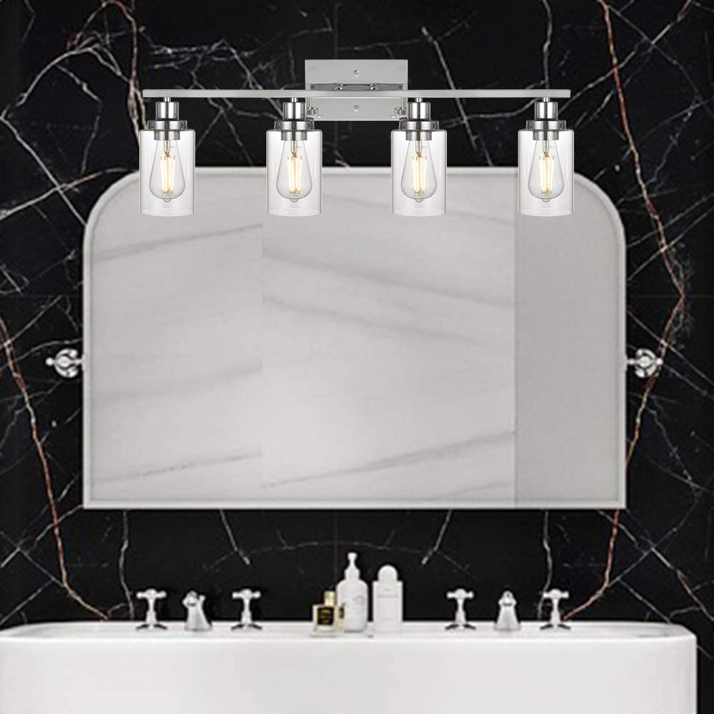 4-Light Modern Bathroom Vanity Light Fixture - Chrome Finish with Clear Glass Shade - Wall Mount Mirror Lighting for Bedroom, Dressing Table & Vanity (Perfect for Makeup Application & Home Decor)