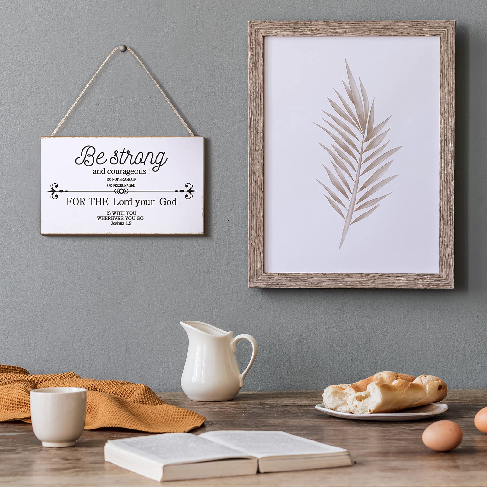 Farmhouse Style Wood Wall Sign - Be Strong and Courageous Bible Verse Art Decor (9.5 x 5.5 Inch) - Perfect for Christian Home, Office & Church Decorations