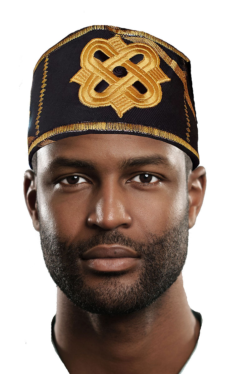 Black and Gold Embroidered African Handwoven Aso Oke Hat for Men & Women - Traditional Yoruba Headwear for Weddings, Parties & Cultural Events