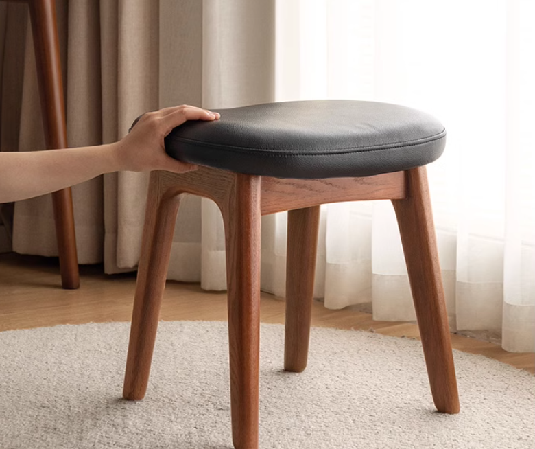 Solid Oak & Cherry Wood Makeup Stool - Natural Wood Vanity Seat with Storage for Bedroom, Bathroom & Dressing Room
