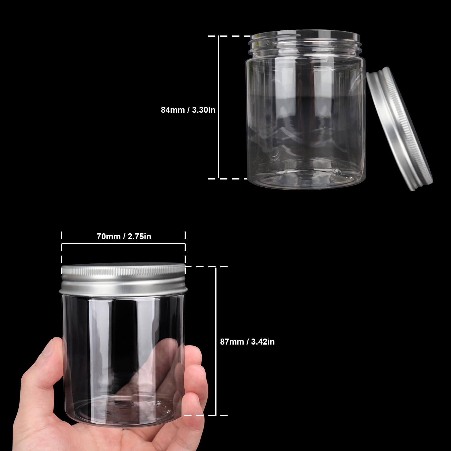 48 Pack 8.8oz (250ml) Clear Plastic Jars with Silver Lids - Wide Mouth Cosmetic Containers for Slime, Beads, Rhinestones, Sequins, Lotion, Cream & Ointments | Perfect for DIY Crafts, Beauty Products & Small Item Storage