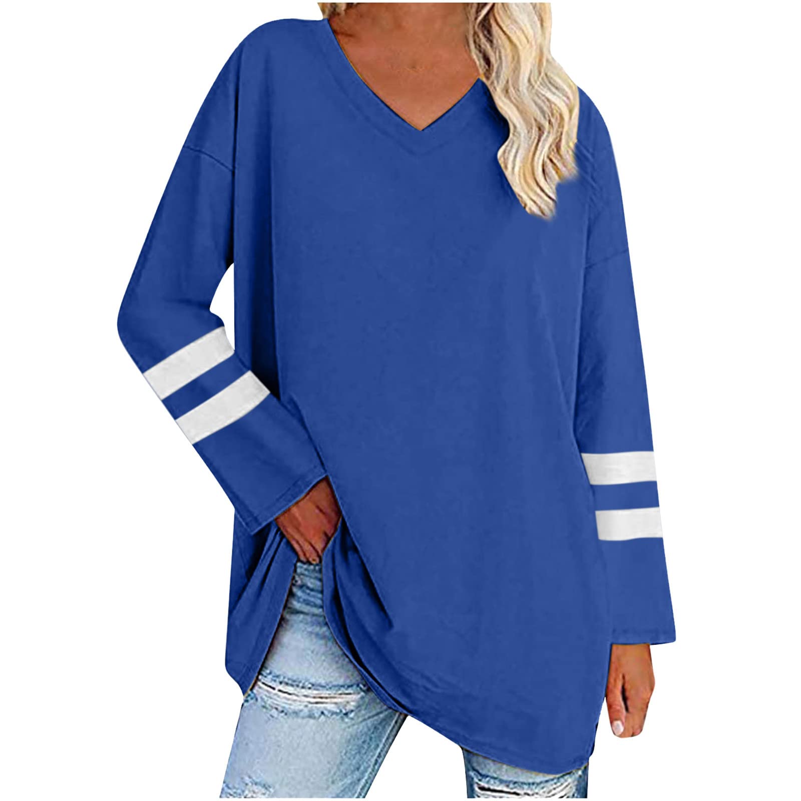 Women's Fall Striped V-Neck Tunic Top - Casual Long Sleeve Loose Tee for Work & Outings