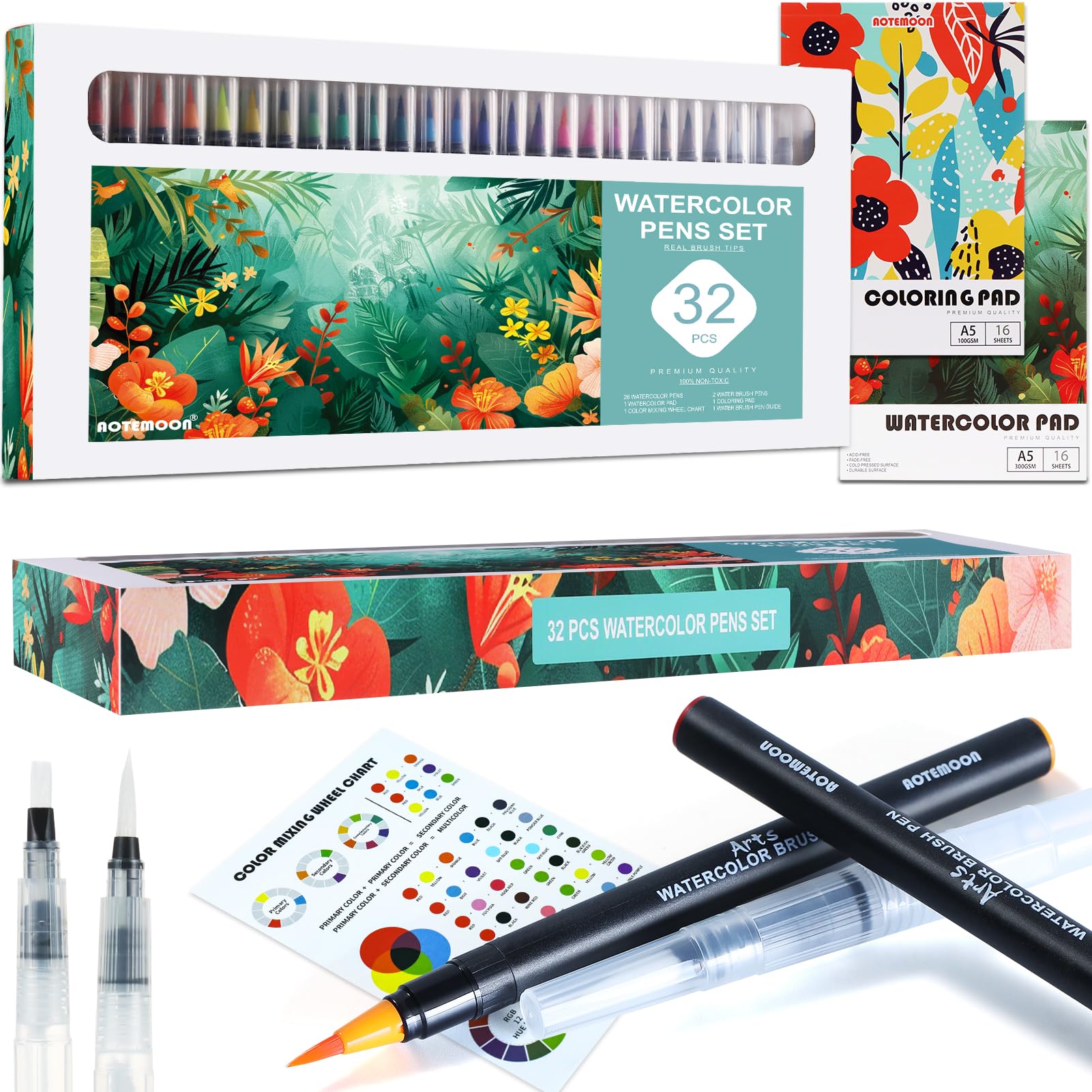 32 Watercolor Brush Pens Set for Beginners - 26 Vibrant Colors, 2 Water Pens, Calligraphy Brush & Coloring Book - Perfect Watercolor Art Supplies Gift for Girls, Teens & Artists - Ideal for Sketching, DIY Projects & Creative Painting